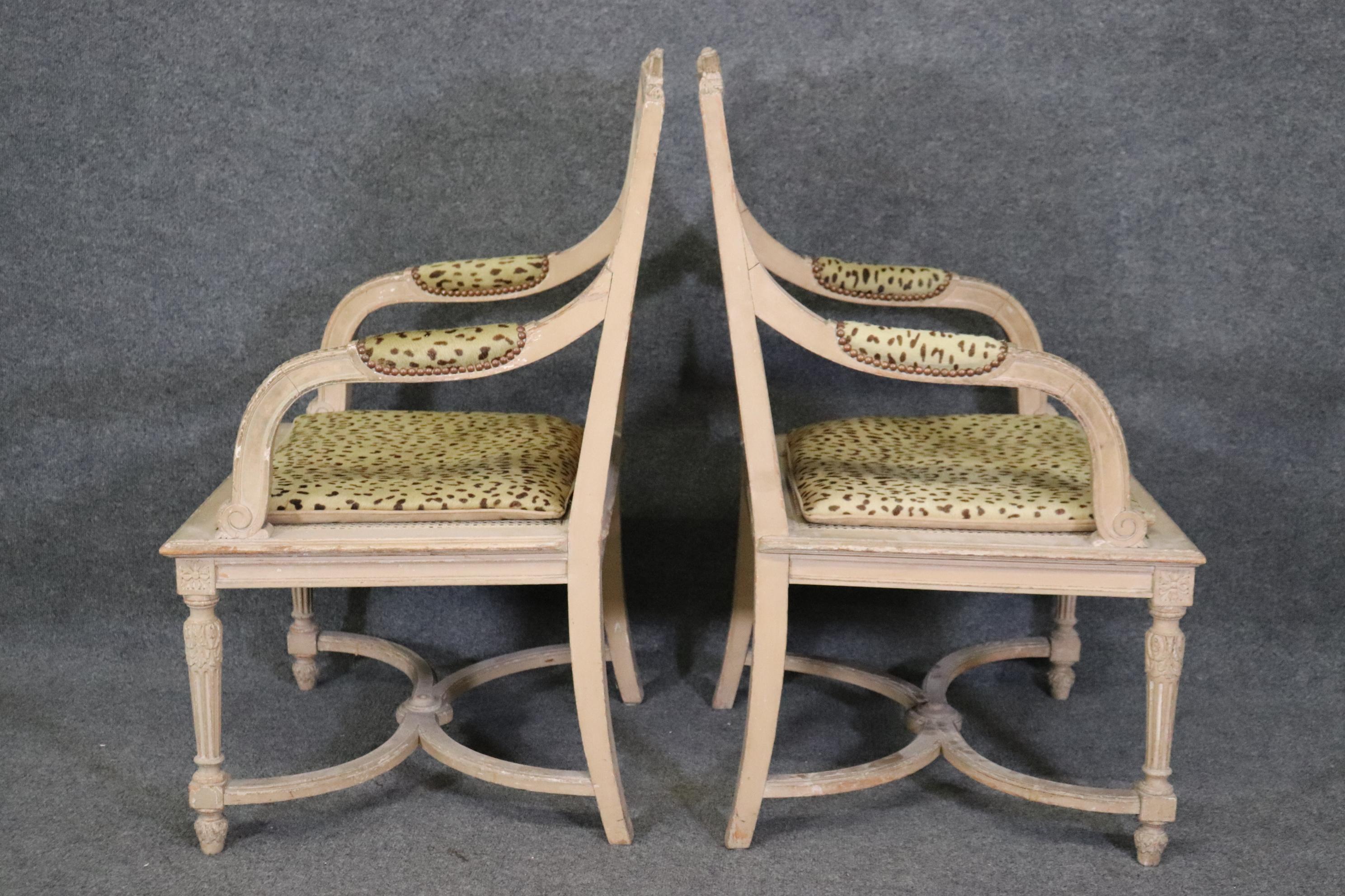 Pair of Cane Back Antique White Paint Decorated Louis XVI Style Armchairs Dining For Sale 2