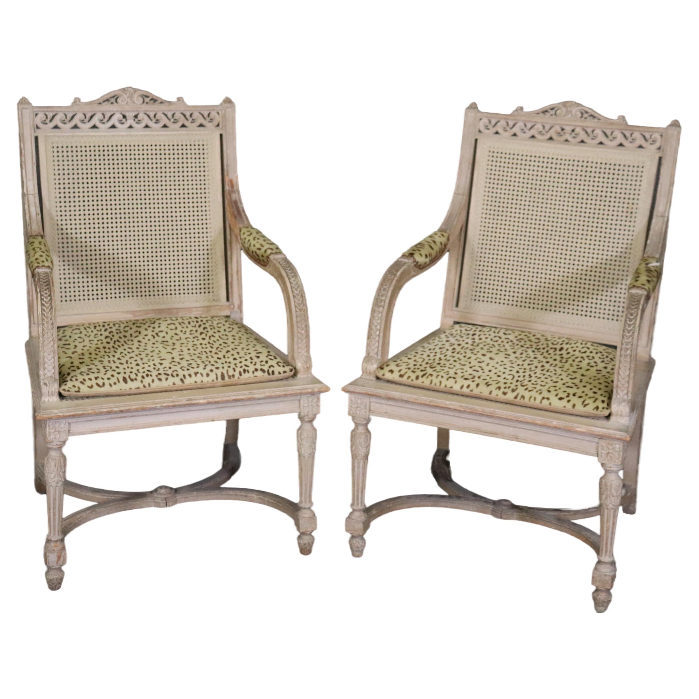 Pair of Cane Back Antique White Paint Decorated Louis XVI Style Armchairs Dining For Sale