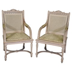 Pair of Cane Back Antique White Paint Decorated Louis XVI Style Armchairs Dining