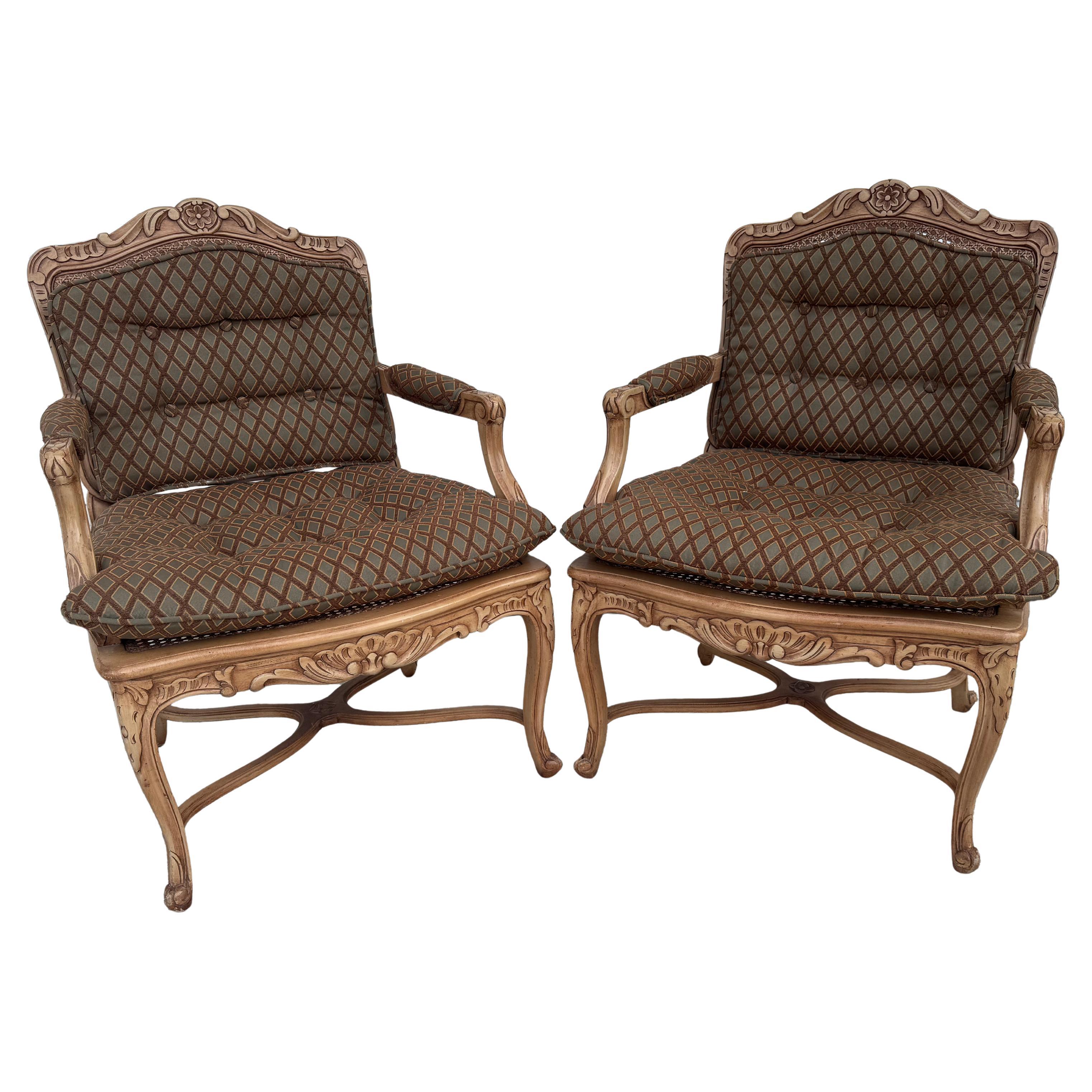 Pair of Louis XV Upholstered and Cane Back Chairs