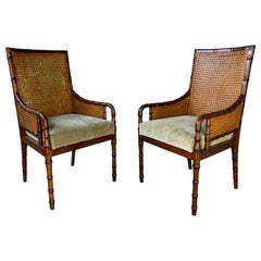 Vintage Pair of Cane Back Faux Bamboo Armchairs by Palecek