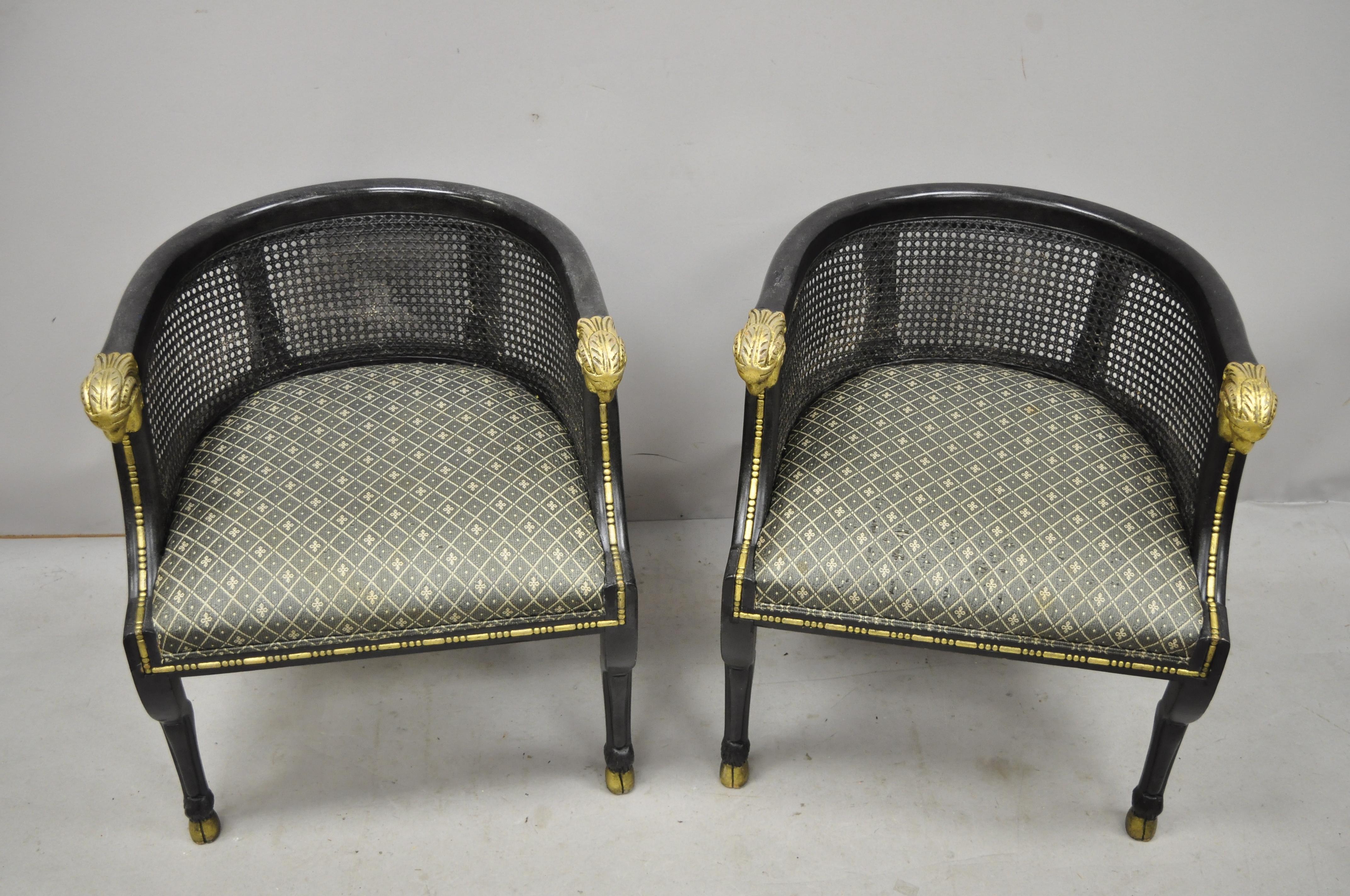 Pair of Cane Barrel Back Ram's Head Black and Gold Club Lounge Chairs 5