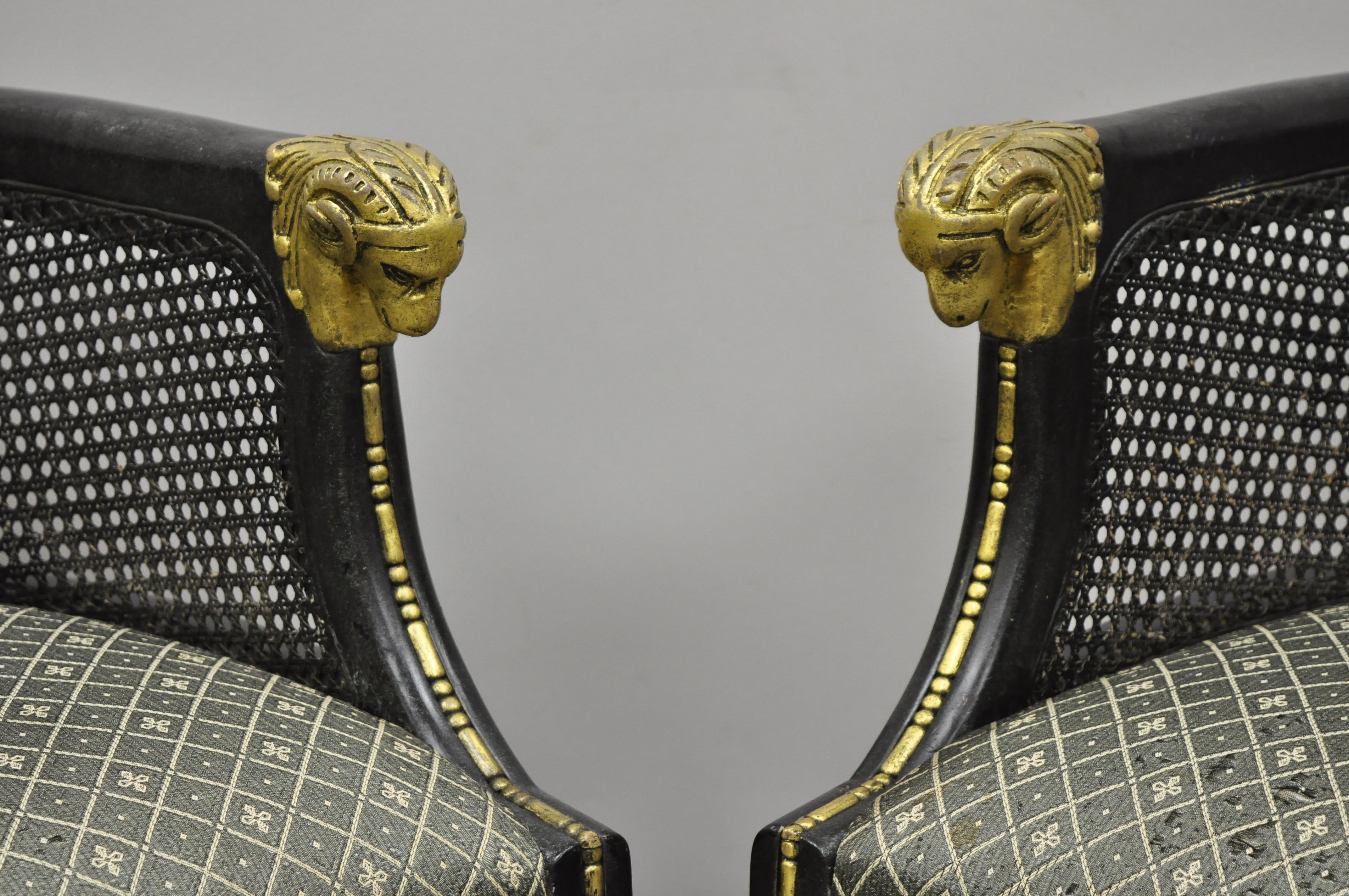Pair of Cane Barrel Back Ram's Head Black and Gold Club Lounge Chairs In Good Condition In Philadelphia, PA