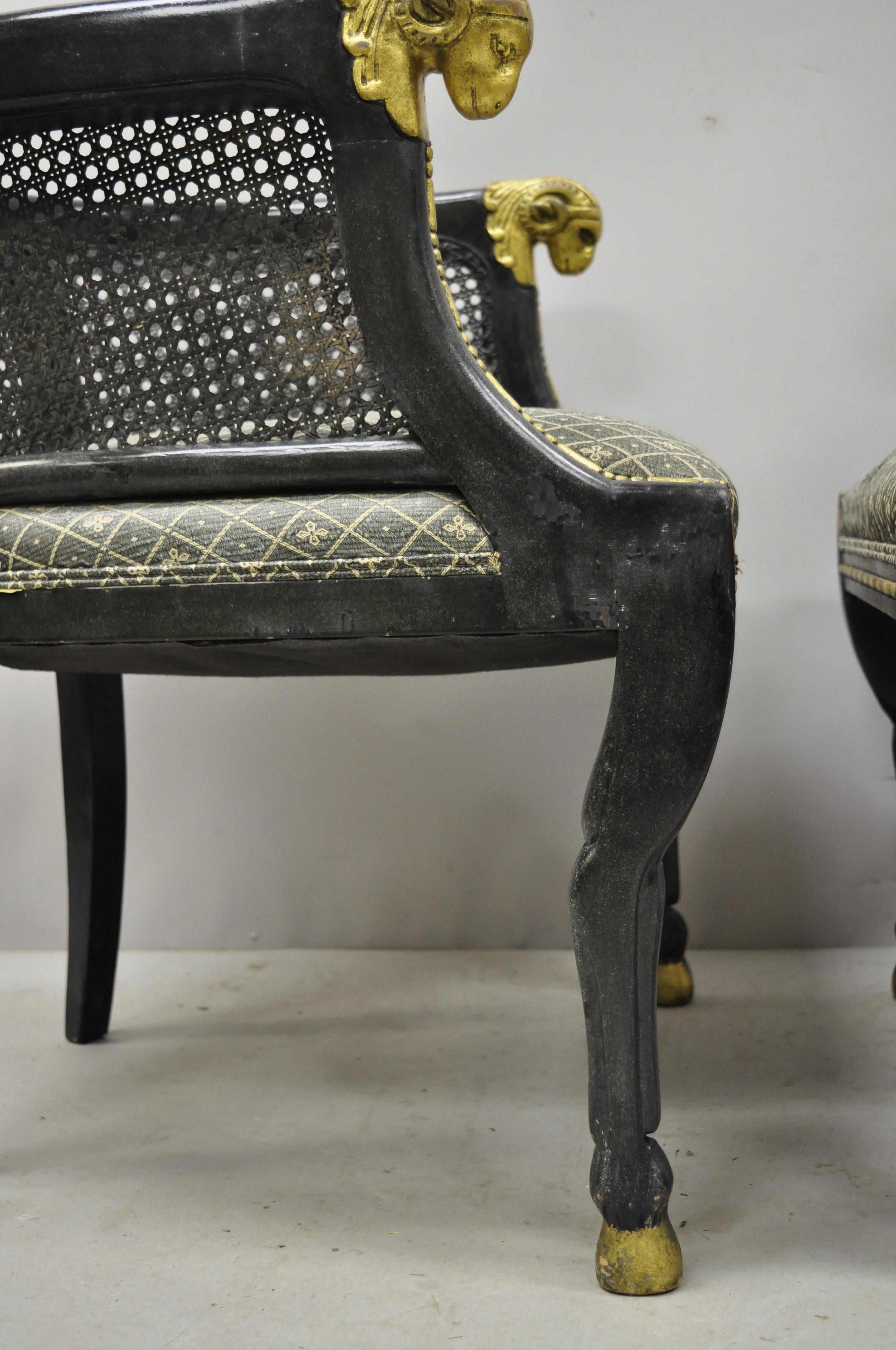 20th Century Pair of Cane Barrel Back Ram's Head Black and Gold Club Lounge Chairs