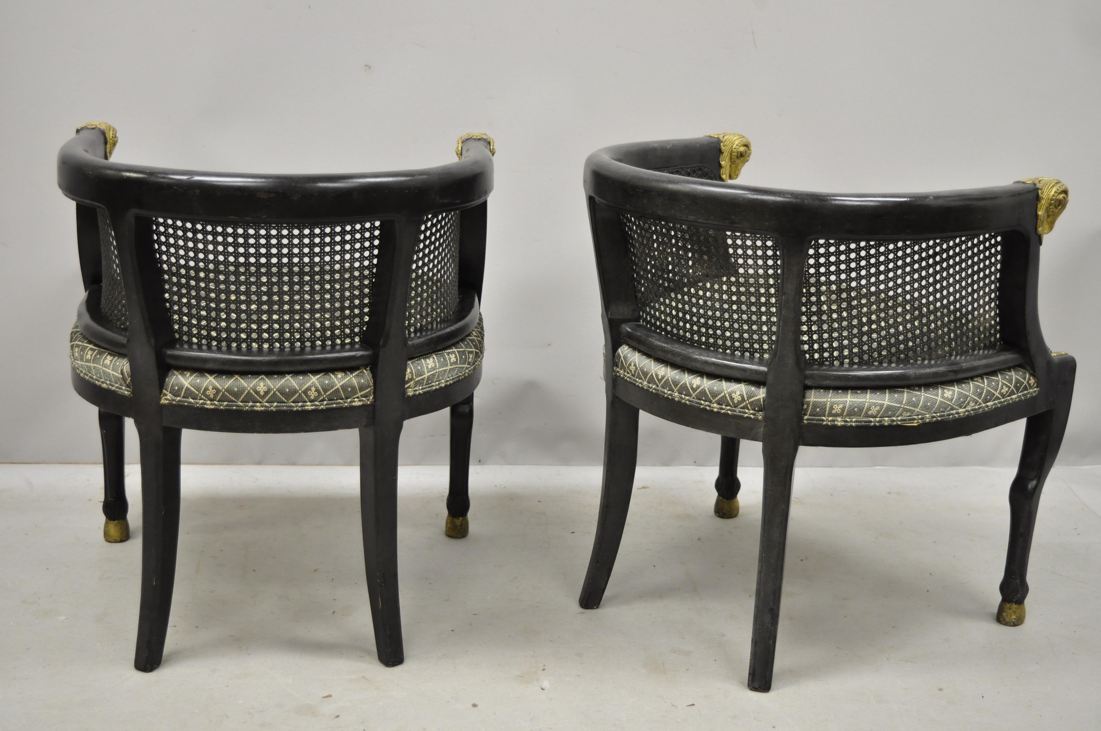 Pair of Cane Barrel Back Ram's Head Black and Gold Club Lounge Chairs 2