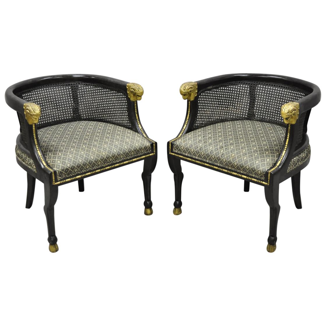 Pair of Cane Barrel Back Ram's Head Black and Gold Club Lounge Chairs
