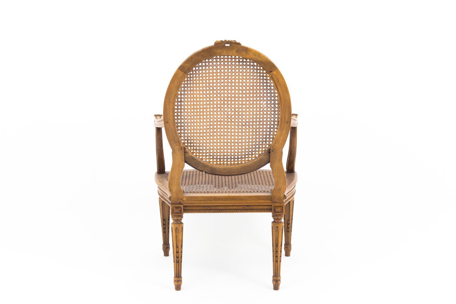 French Pair of Cane Louis XVI Style Armchairs in Walnut, 19th Century