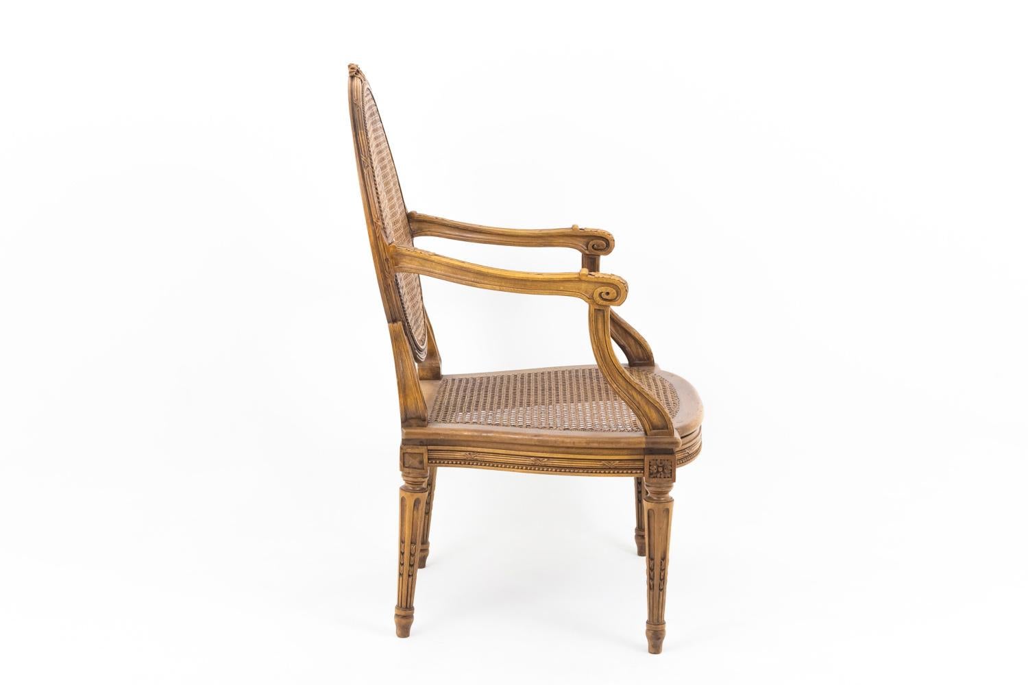 Caning Pair of Cane Louis XVI Style Armchairs in Walnut, 19th Century