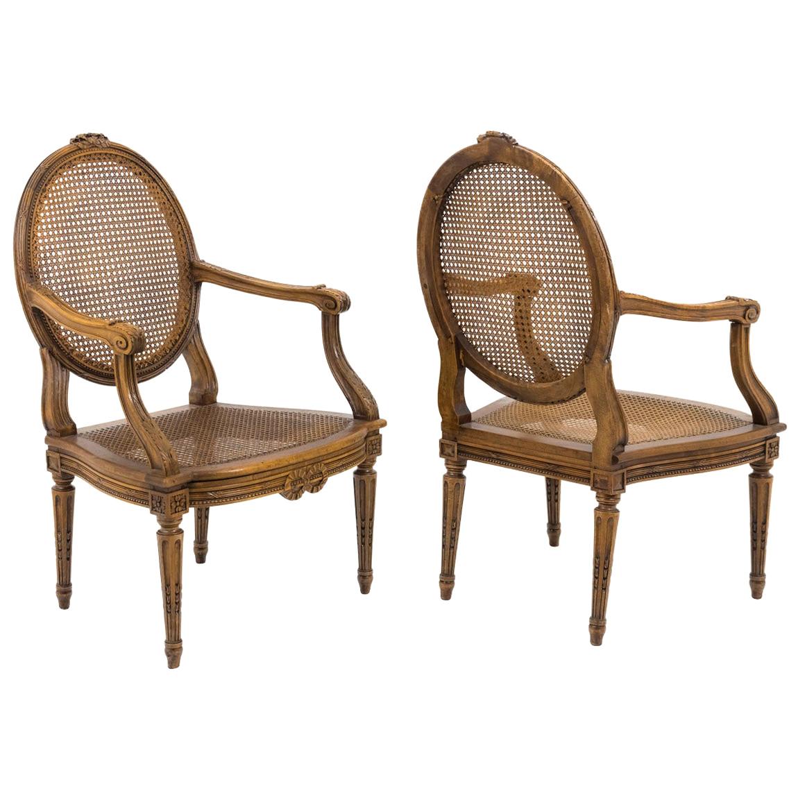 Pair of Cane Louis XVI Style Armchairs in Walnut, 19th Century