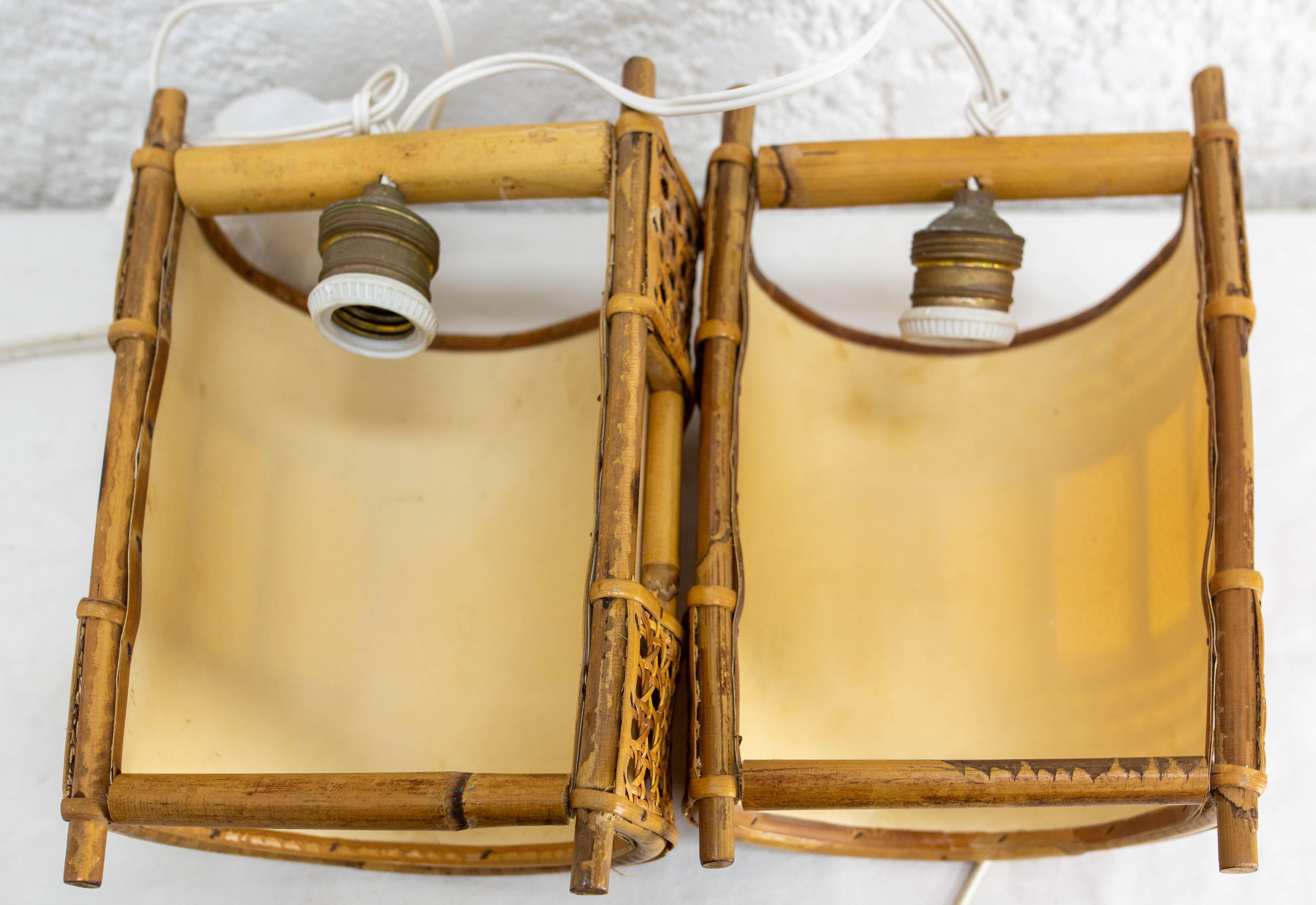 Pair of Cane Rattan & Fabric Sconces Louis Sognot Style circa 1960 For Sale 4