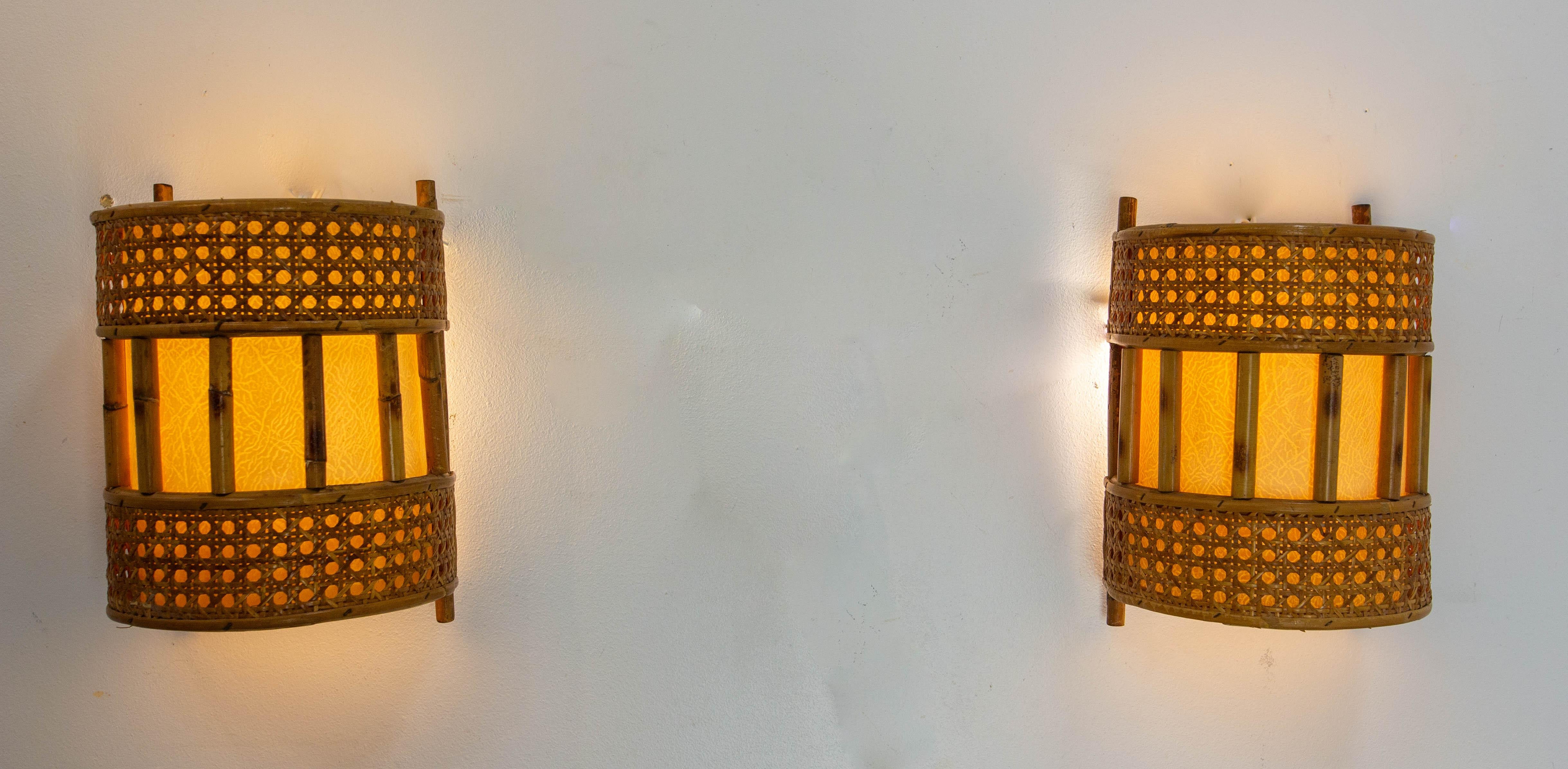 Mid-Century Modern Pair of Cane Rattan & Fabric Sconces Louis Sognot Style circa 1960 For Sale
