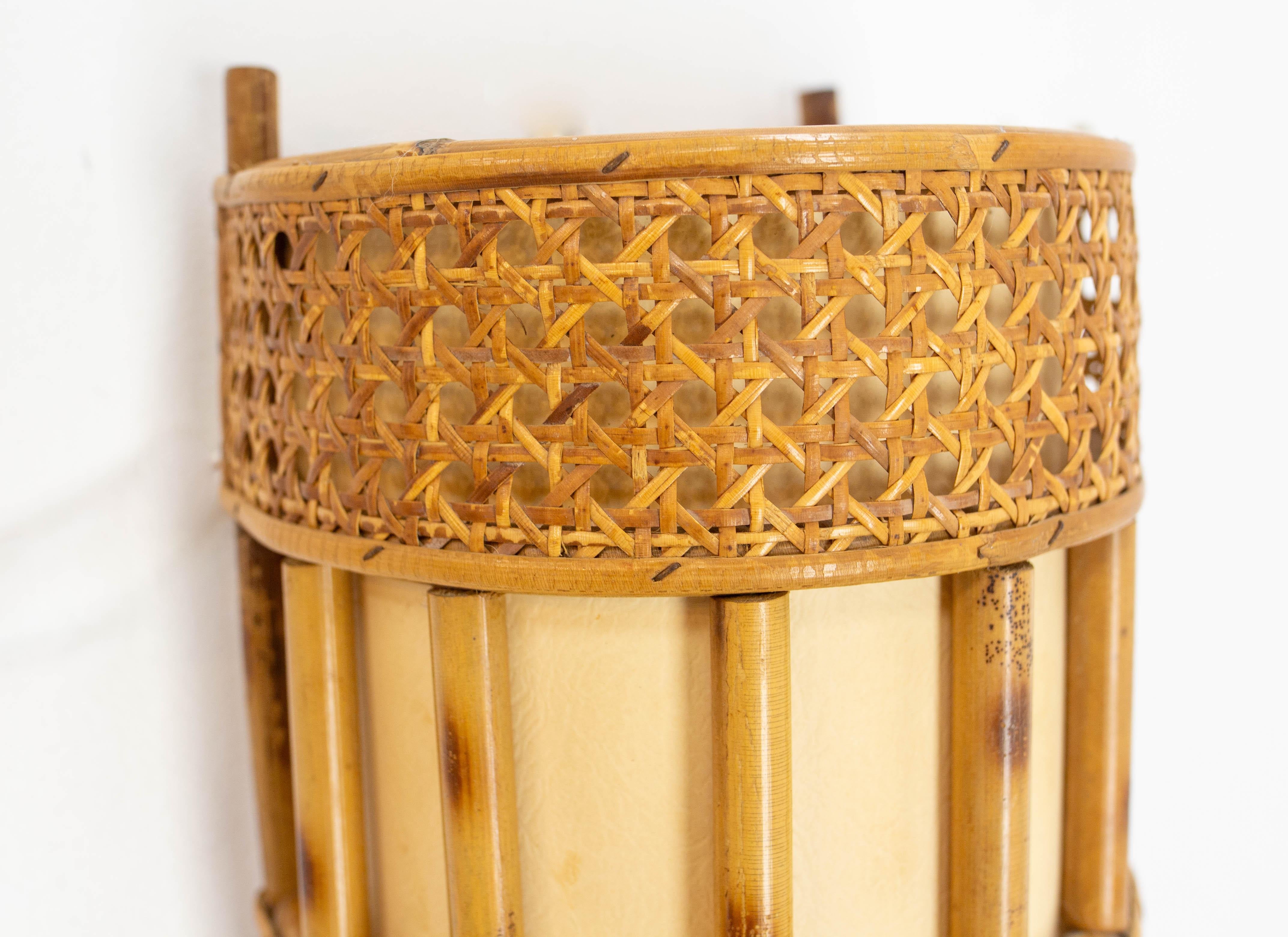 Pair of Cane Rattan & Fabric Sconces Louis Sognot Style circa 1960 For Sale 1