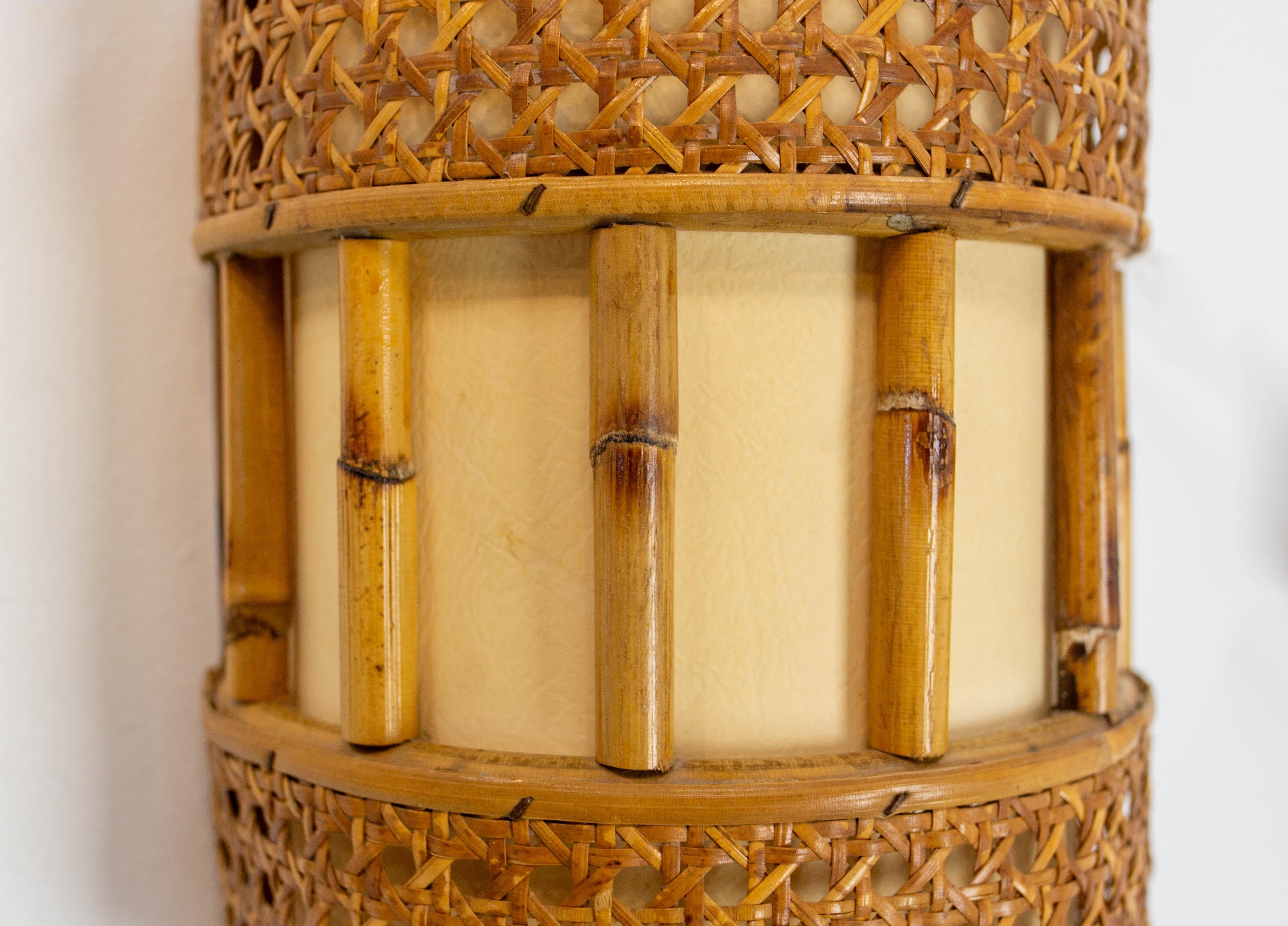 Pair of Cane Rattan & Fabric Sconces Louis Sognot Style circa 1960 For Sale 2