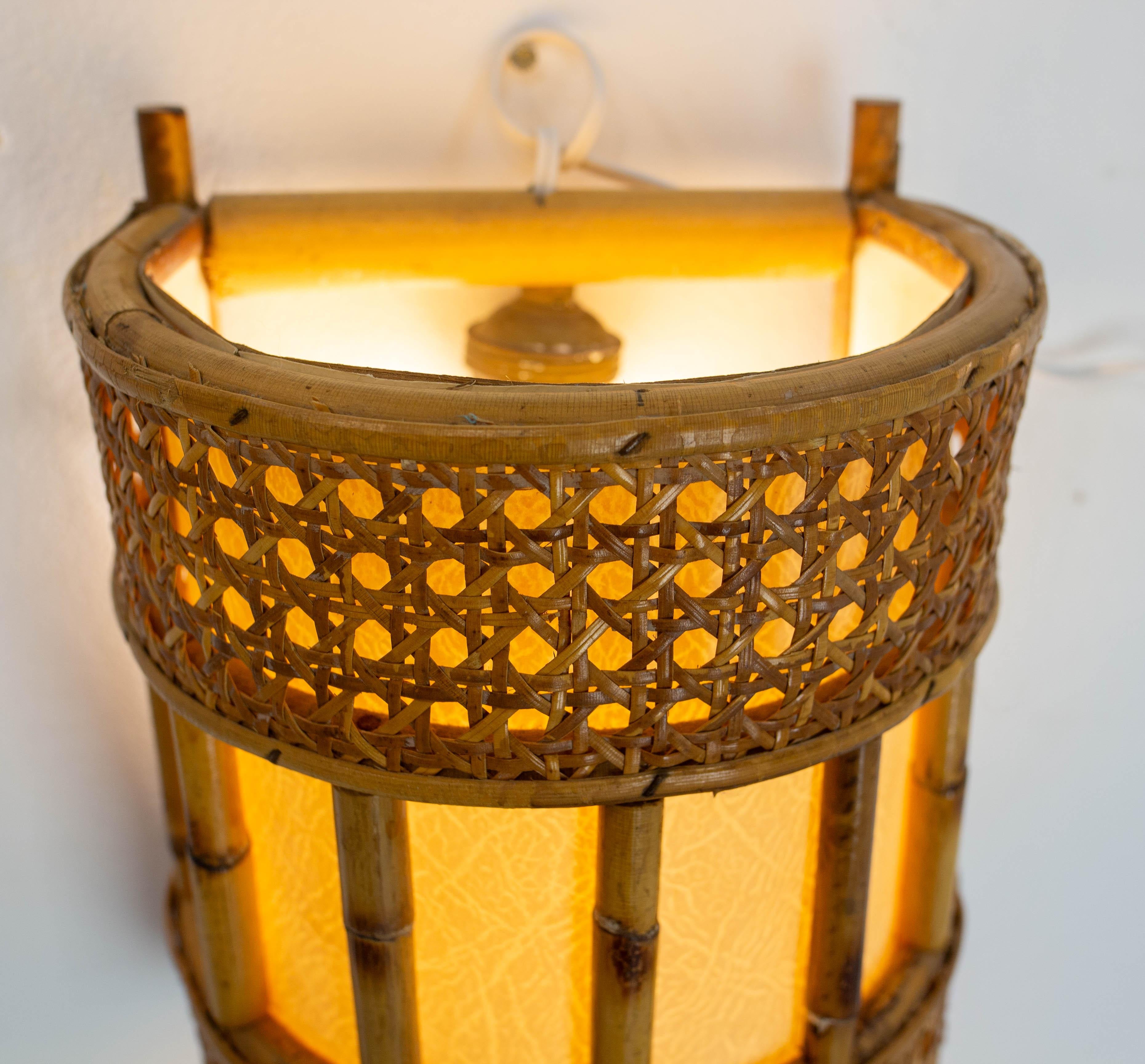Pair of Cane Rattan & Fabric Sconces Louis Sognot Style circa 1960 For Sale 3