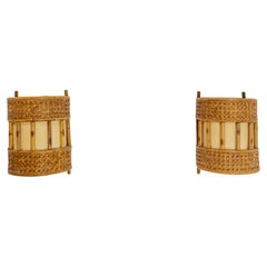 Paar Rattan- und Stoff-Leuchten im Louis Sognot-Stil um 1960
