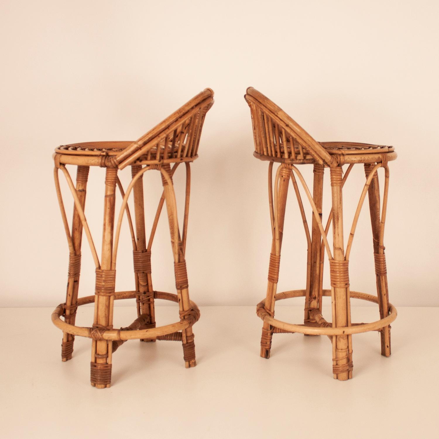 Pair of Cane Stools, Spain, circa 1970 In Good Condition In Barcelona, Cataluna