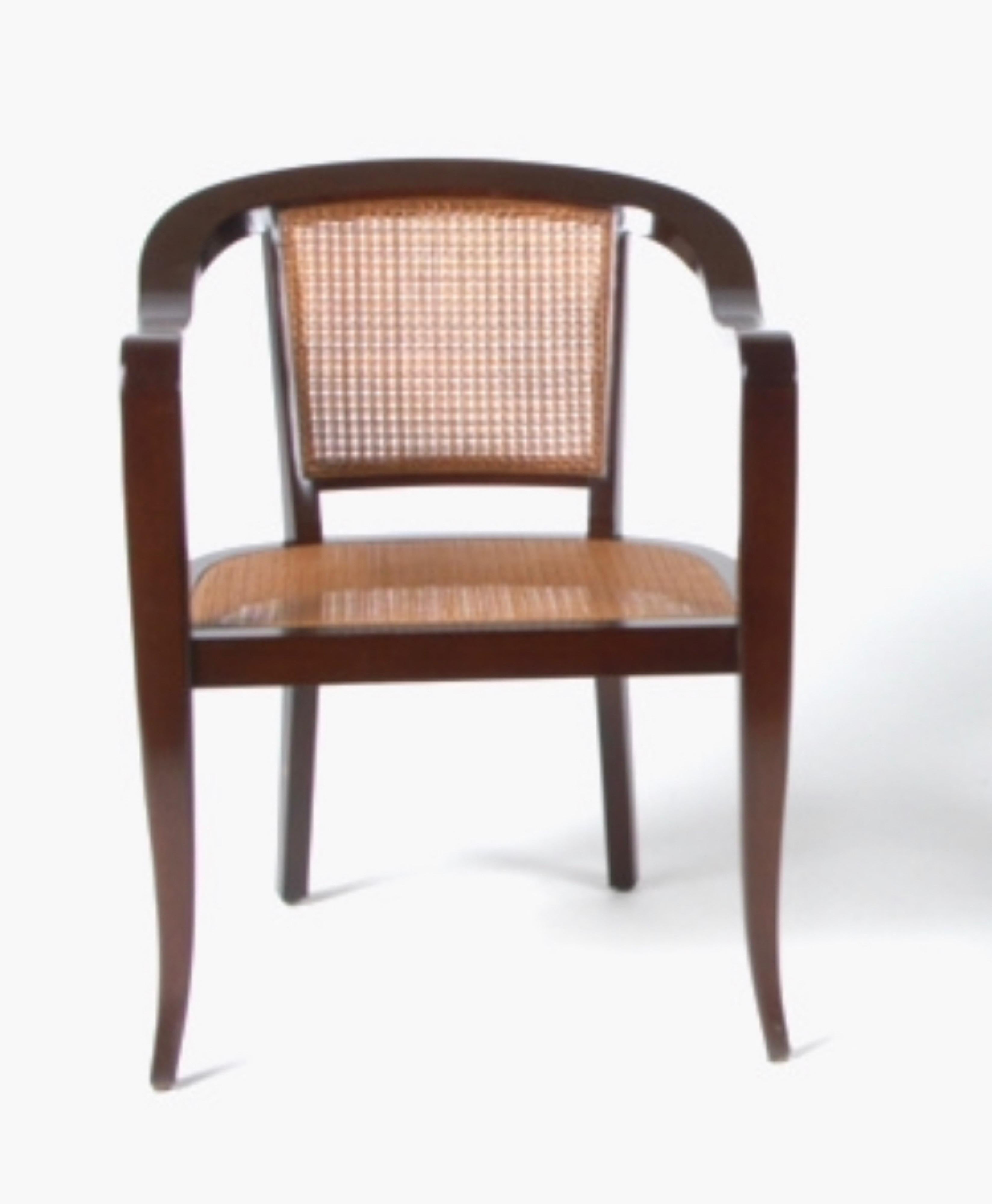 Pair of Edward Wormley for Dunbar style bentwood and cane chairs, circa 1950s that appeared in a 1954 Architectural Digest. Mid century stylish arm chairs. Currently being refinished. Want to see more beautiful things? Scroll down below and click