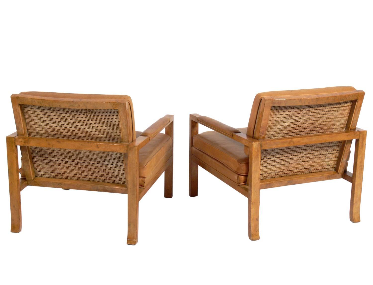 American Pair of Caned Back Burl Wood Lounge Chairs in Original Saddle Leather