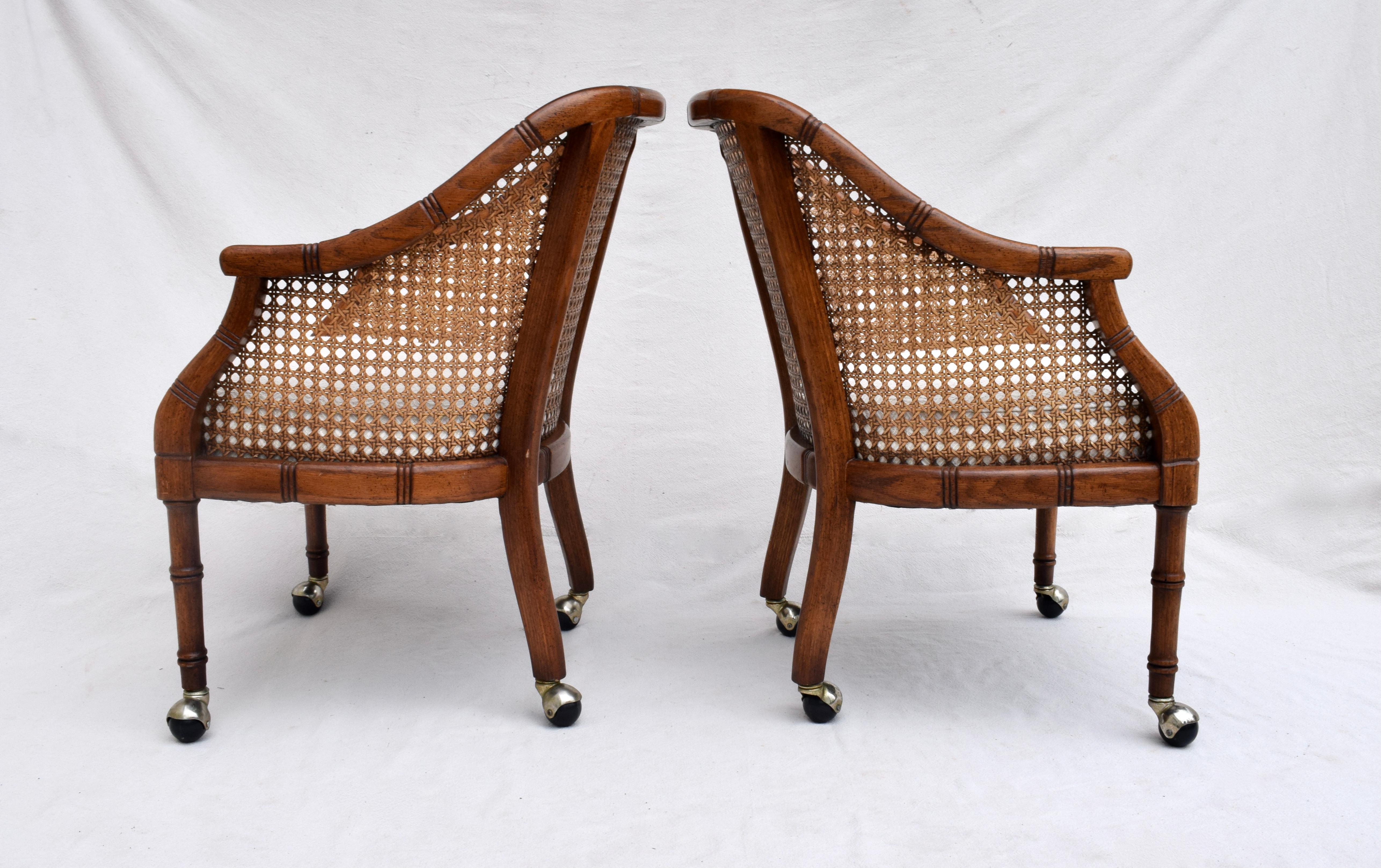 Pair of Caned Barrel Chairs on Casters at 1stDibs