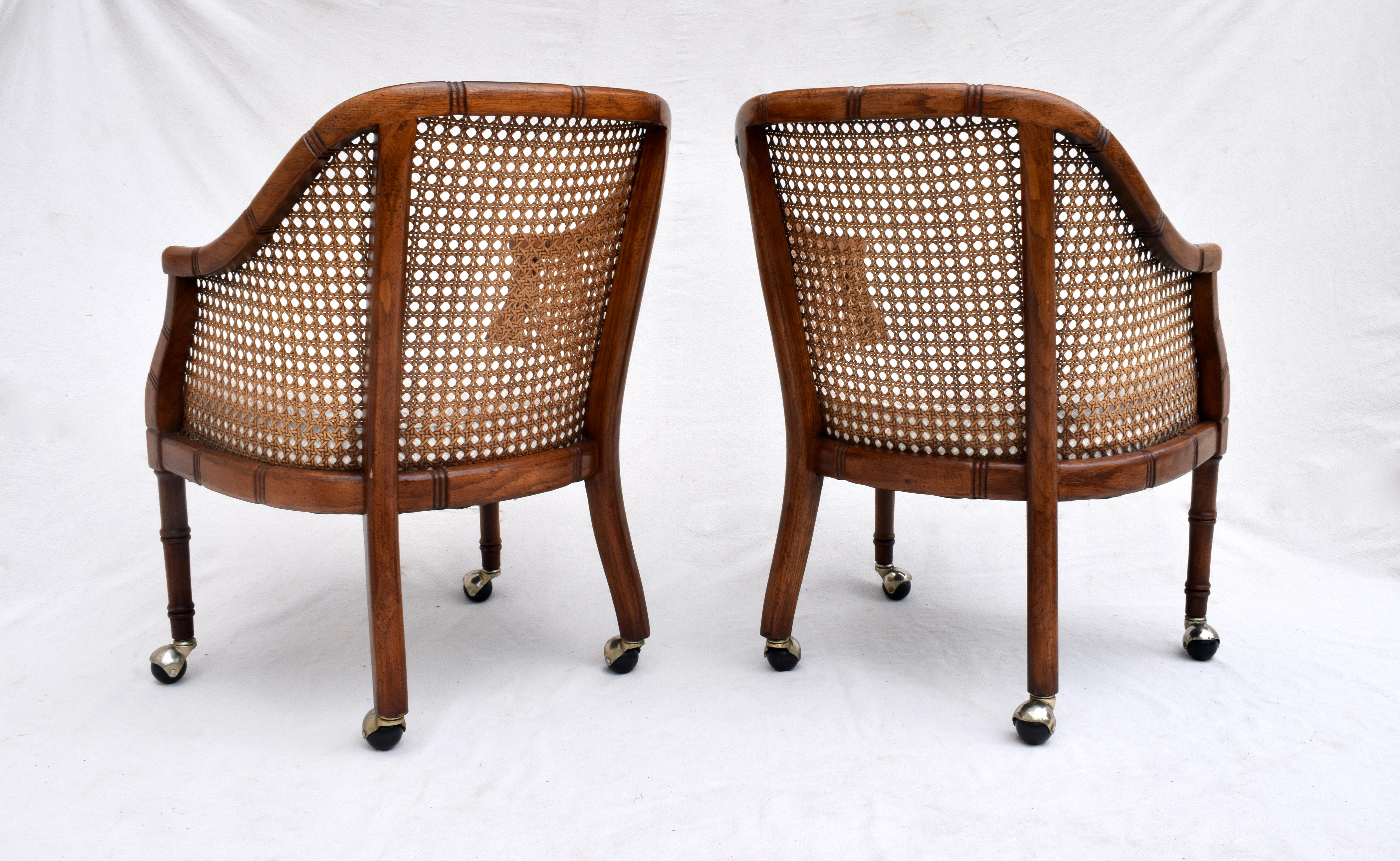 Mid-Century Modern Pair of Caned Barrel Chairs on Casters