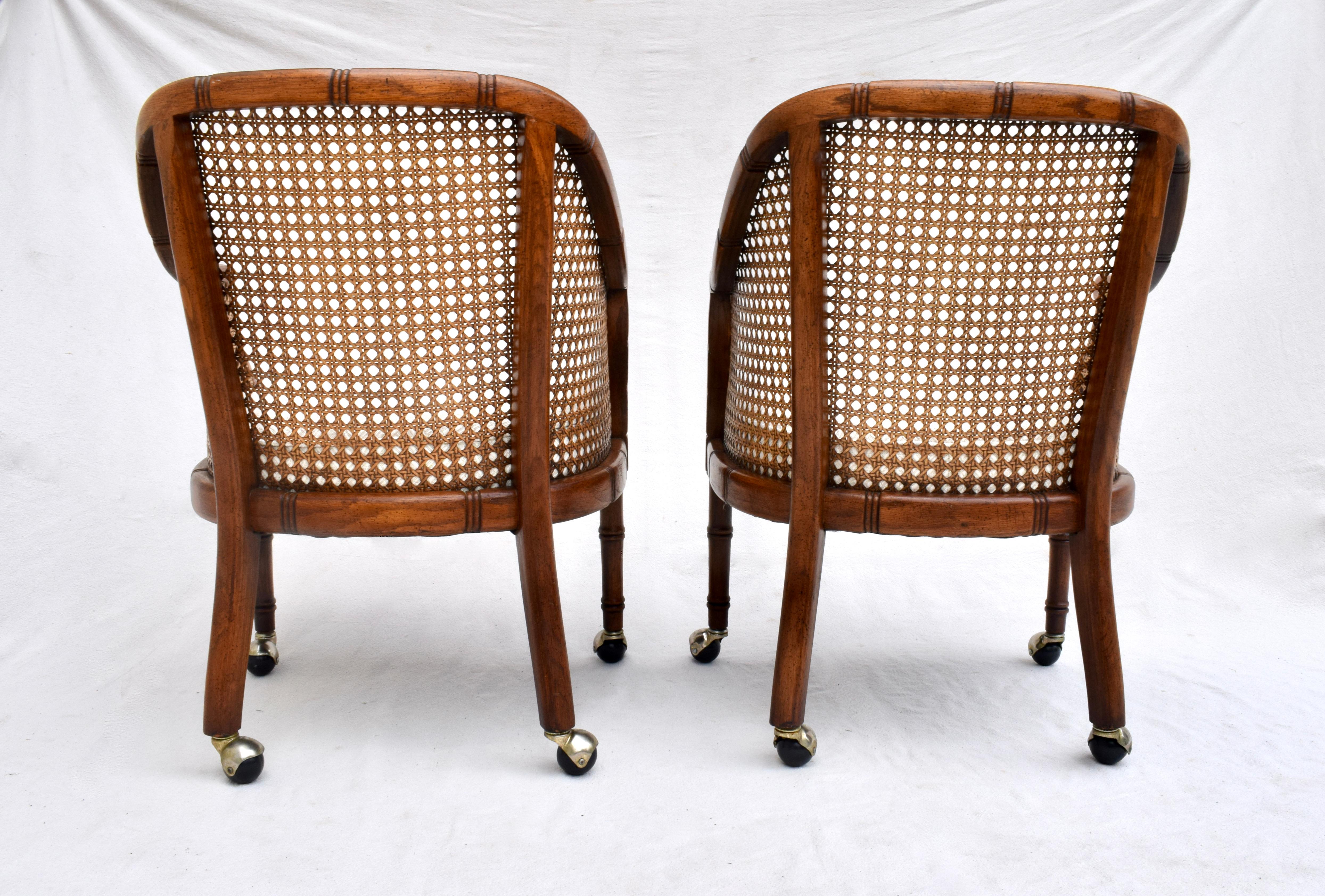 American Pair of Caned Barrel Chairs on Casters