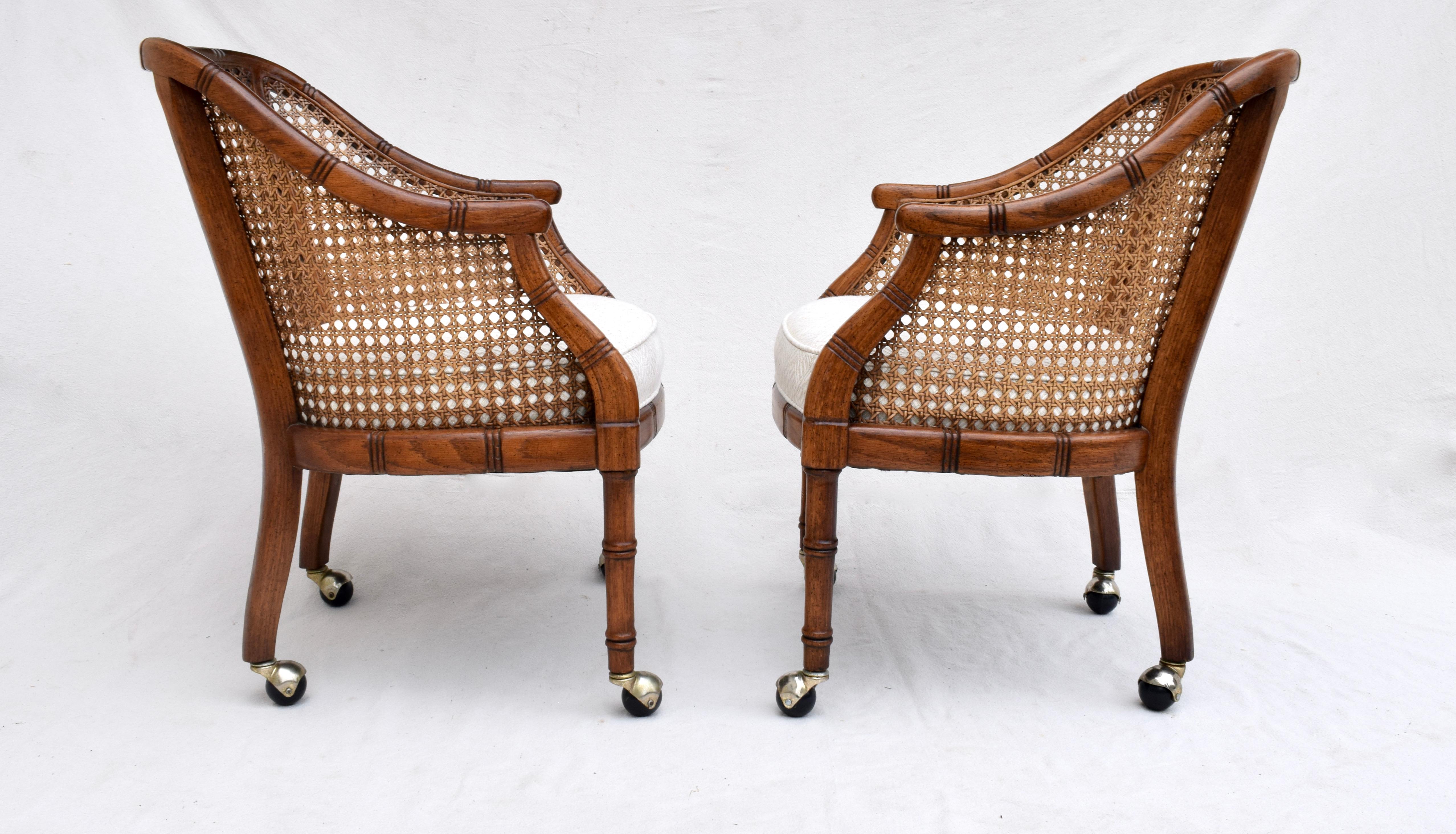 Late 20th Century Pair of Caned Barrel Chairs on Casters