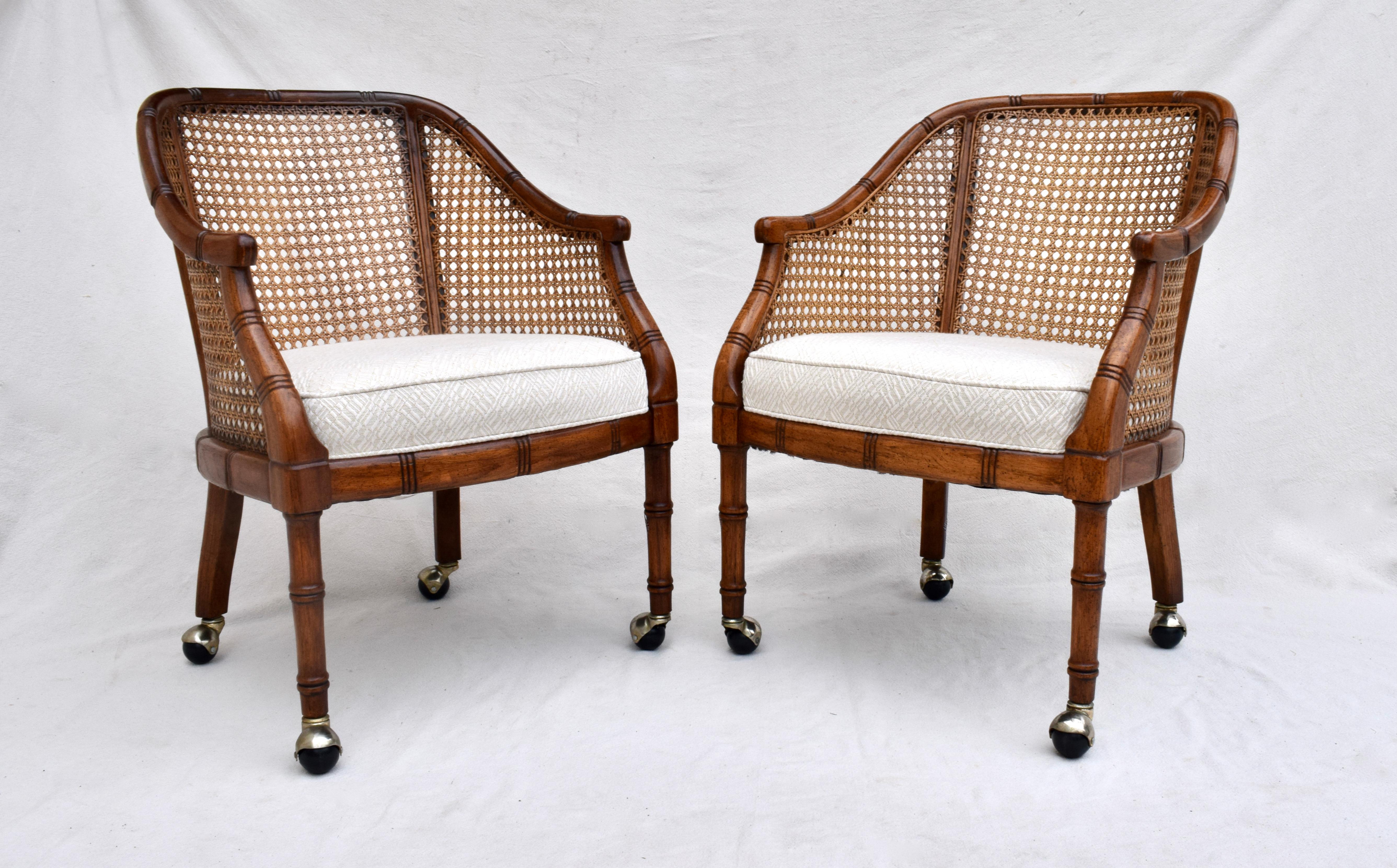 Fabric Pair of Caned Barrel Chairs on Casters