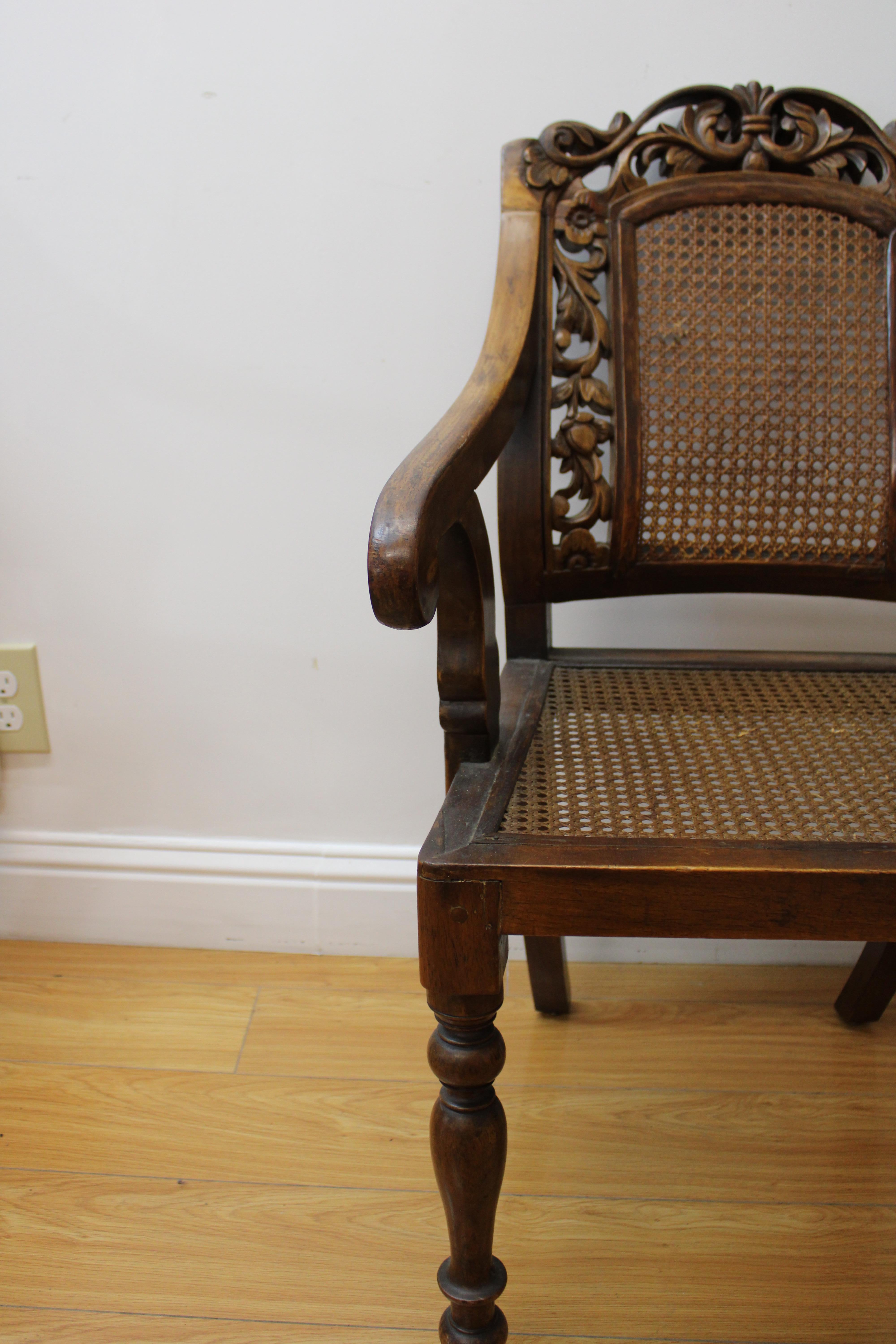 Pair of Caned & Carved Wood Arm Chairs In Good Condition For Sale In San Francisco, CA