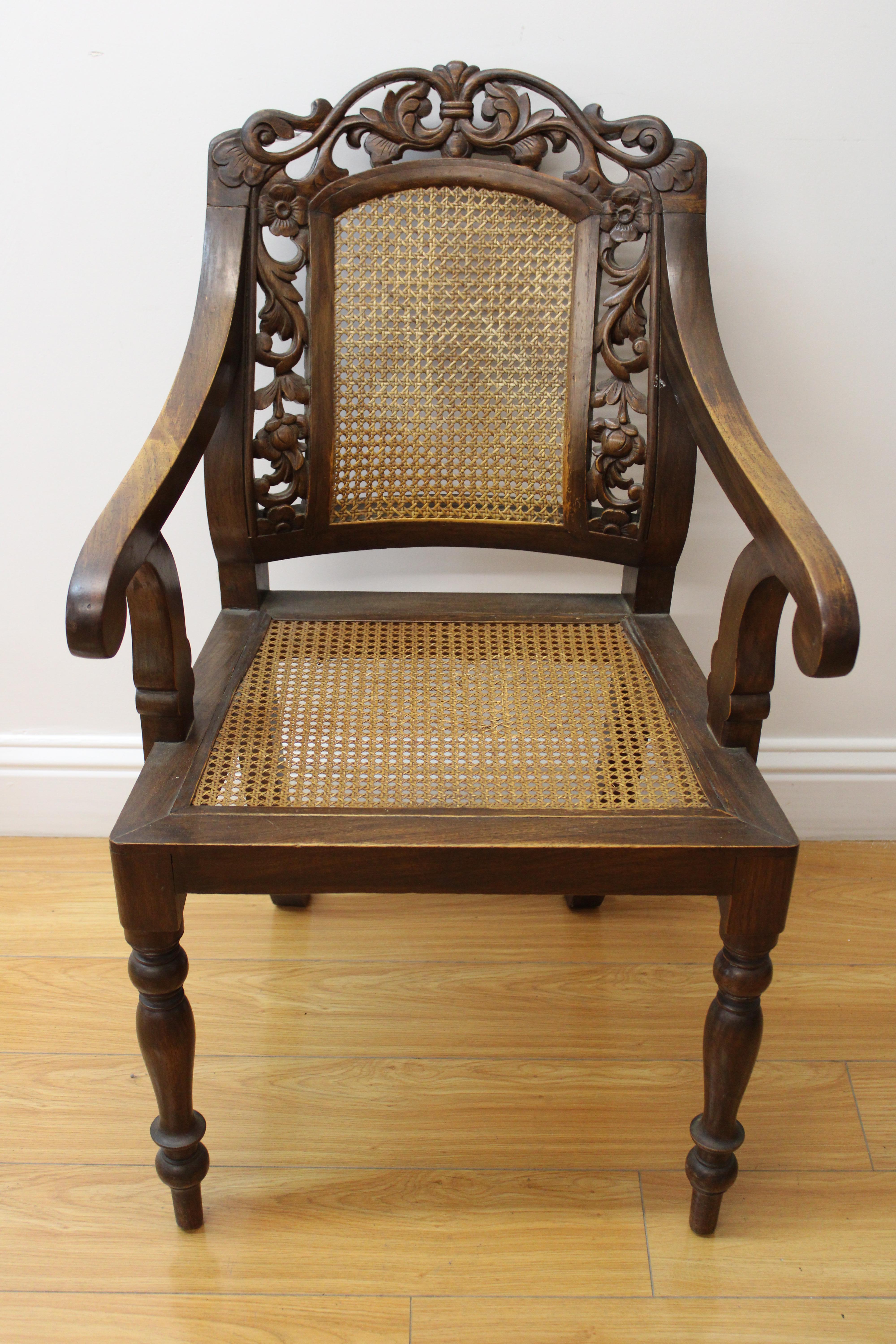 20th Century Pair of Caned & Carved Wood Arm Chairs For Sale