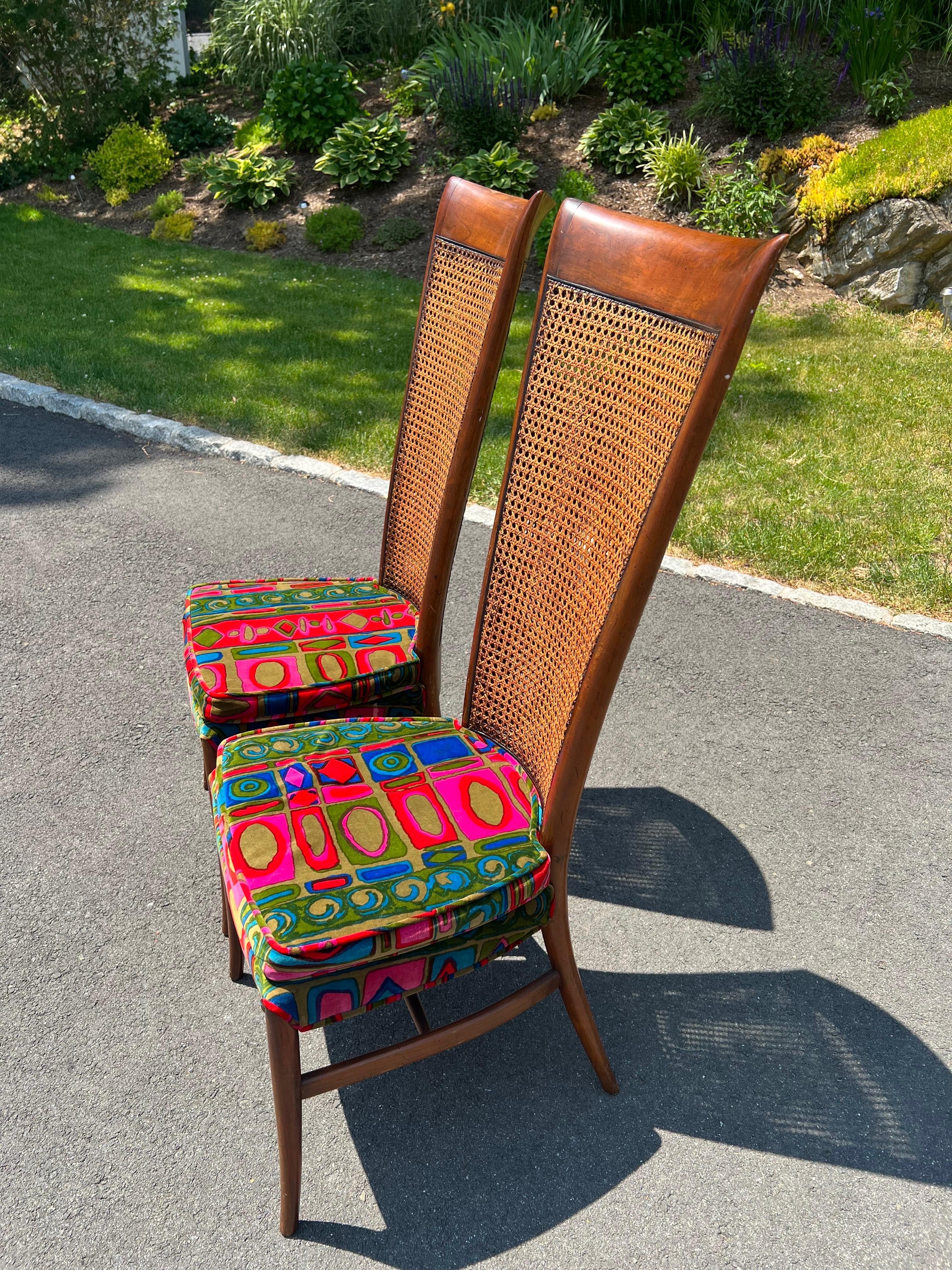 Pair of Caned Chairs with Jack Lenor Larson Velvet Upholstery For Sale 7