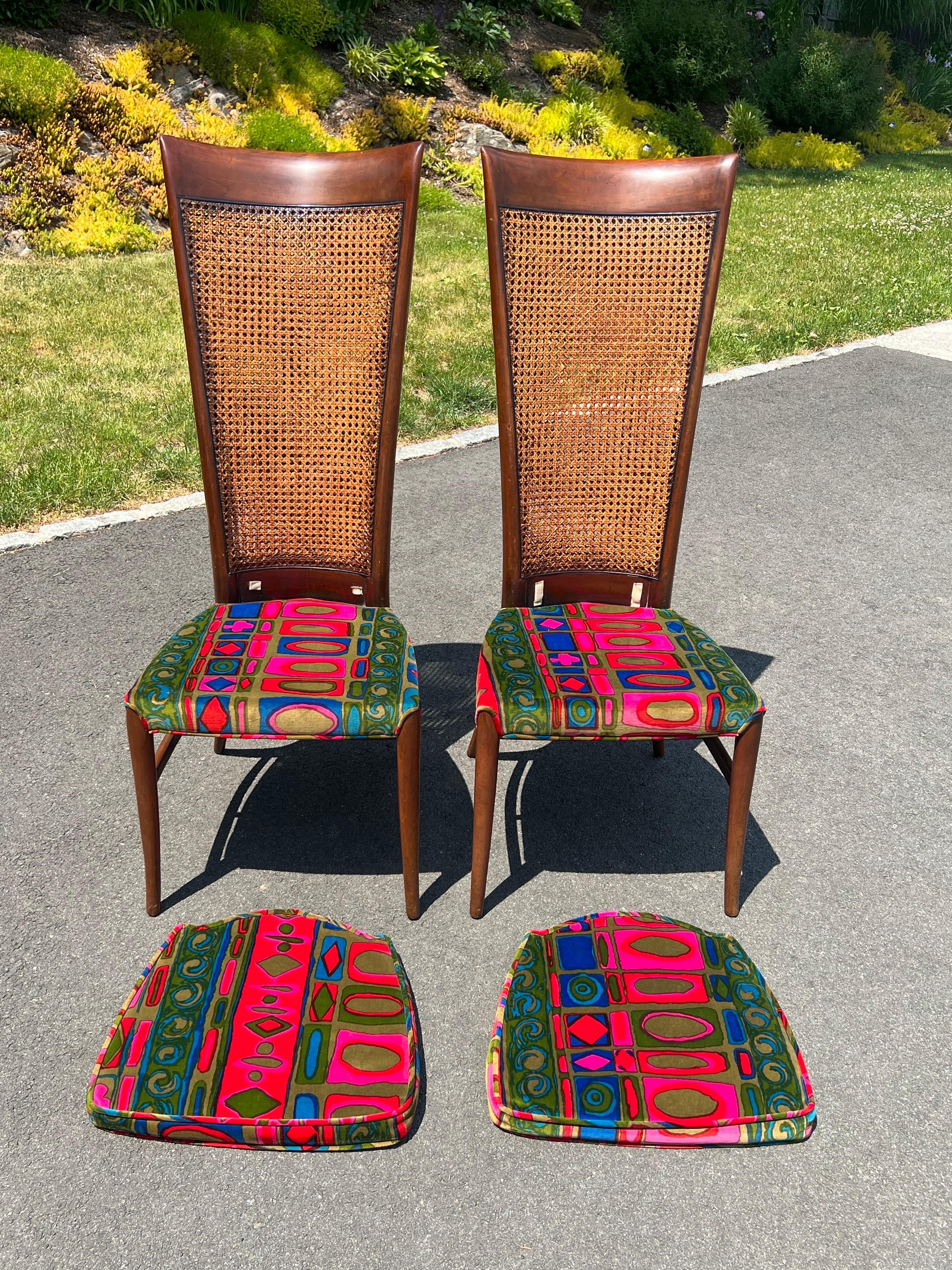 Pair of Caned Chairs with Jack Lenor Larson Velvet Upholstery For Sale 8