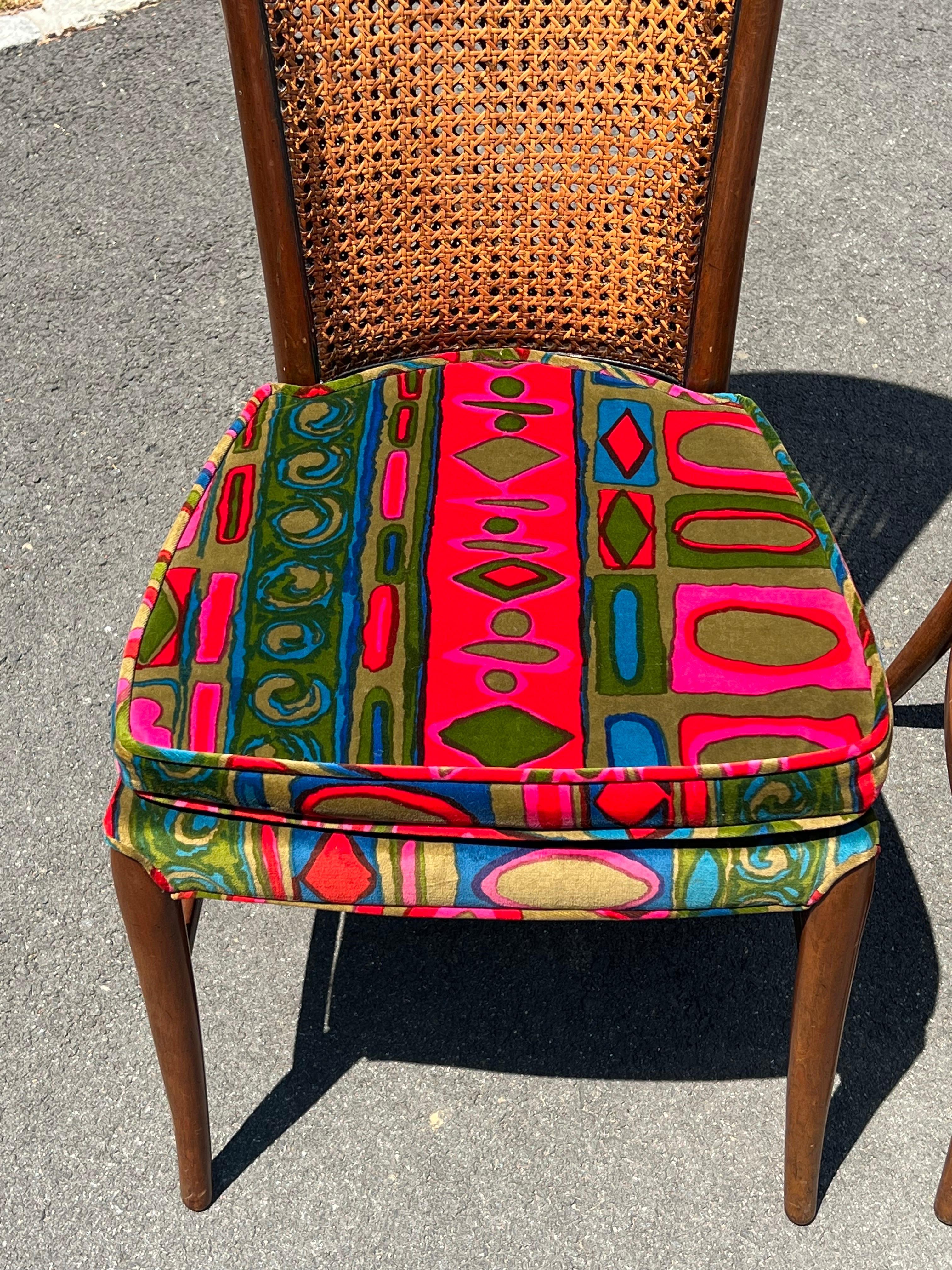 Pair of Caned Chairs with Jack Lenor Larson Velvet Upholstery For Sale 9