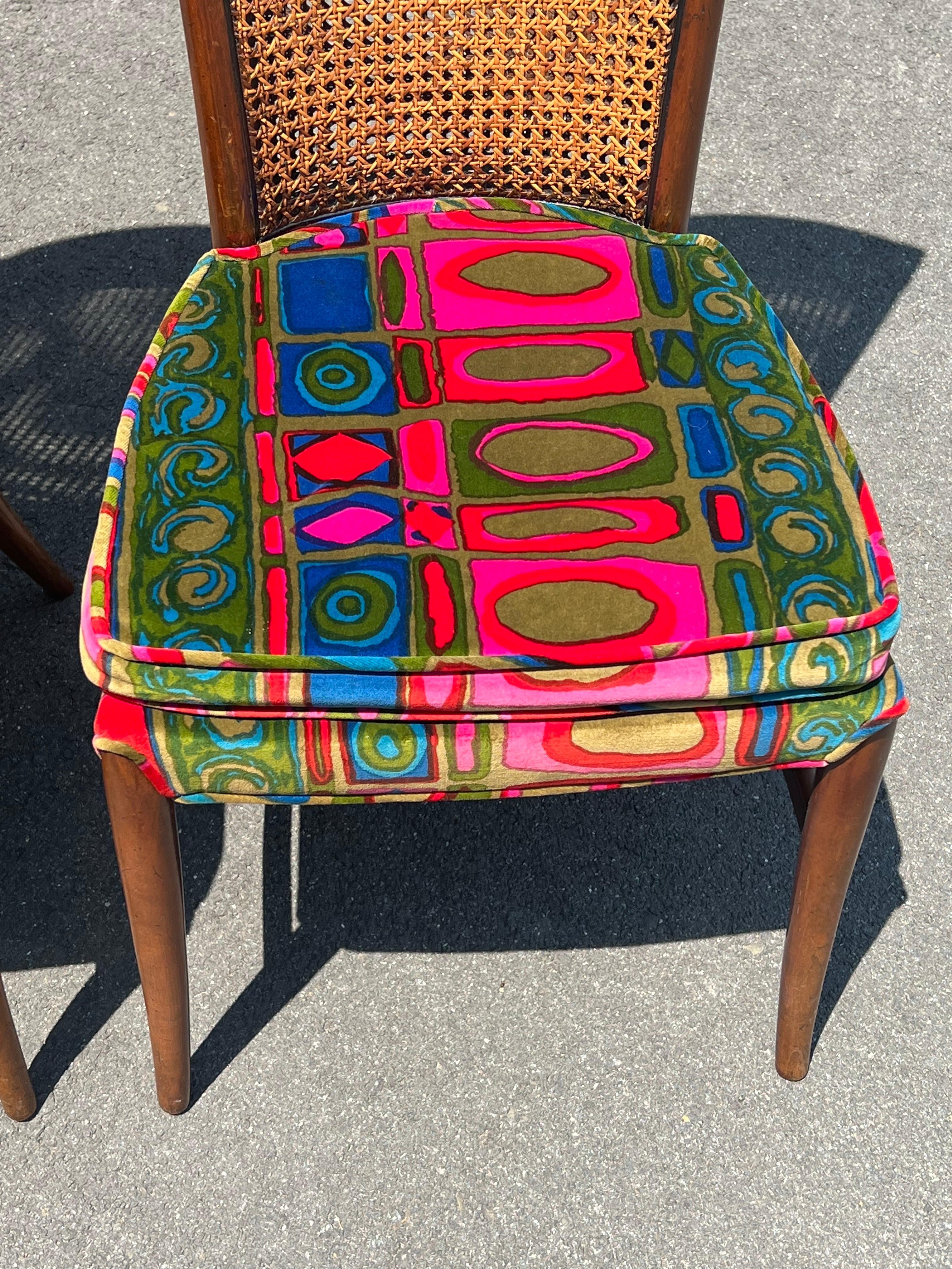 Pair of Caned Chairs with Jack Lenor Larson Velvet Upholstery For Sale 10