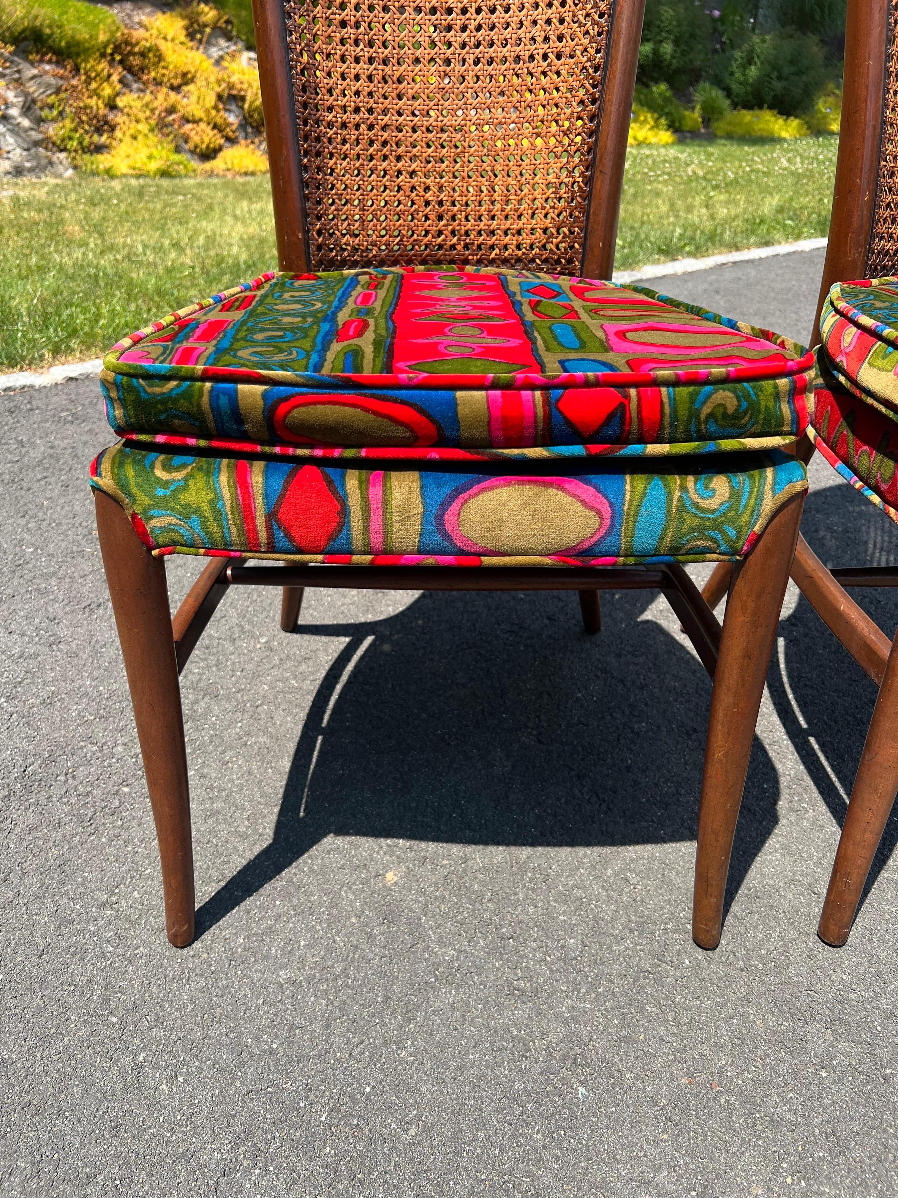 Pair of Caned Chairs with Jack Lenor Larson Velvet Upholstery For Sale 11