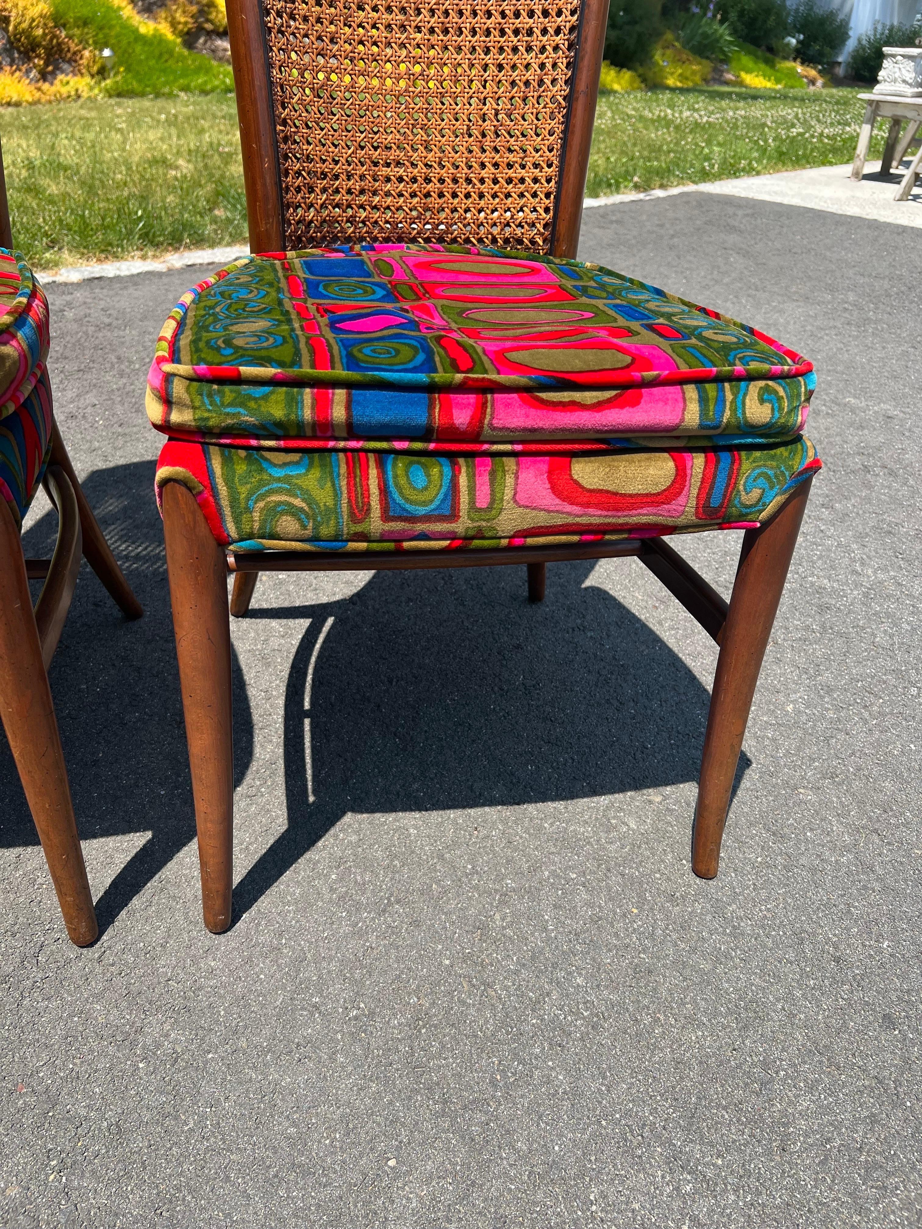 Pair of Caned Chairs with Jack Lenor Larson Velvet Upholstery For Sale 12