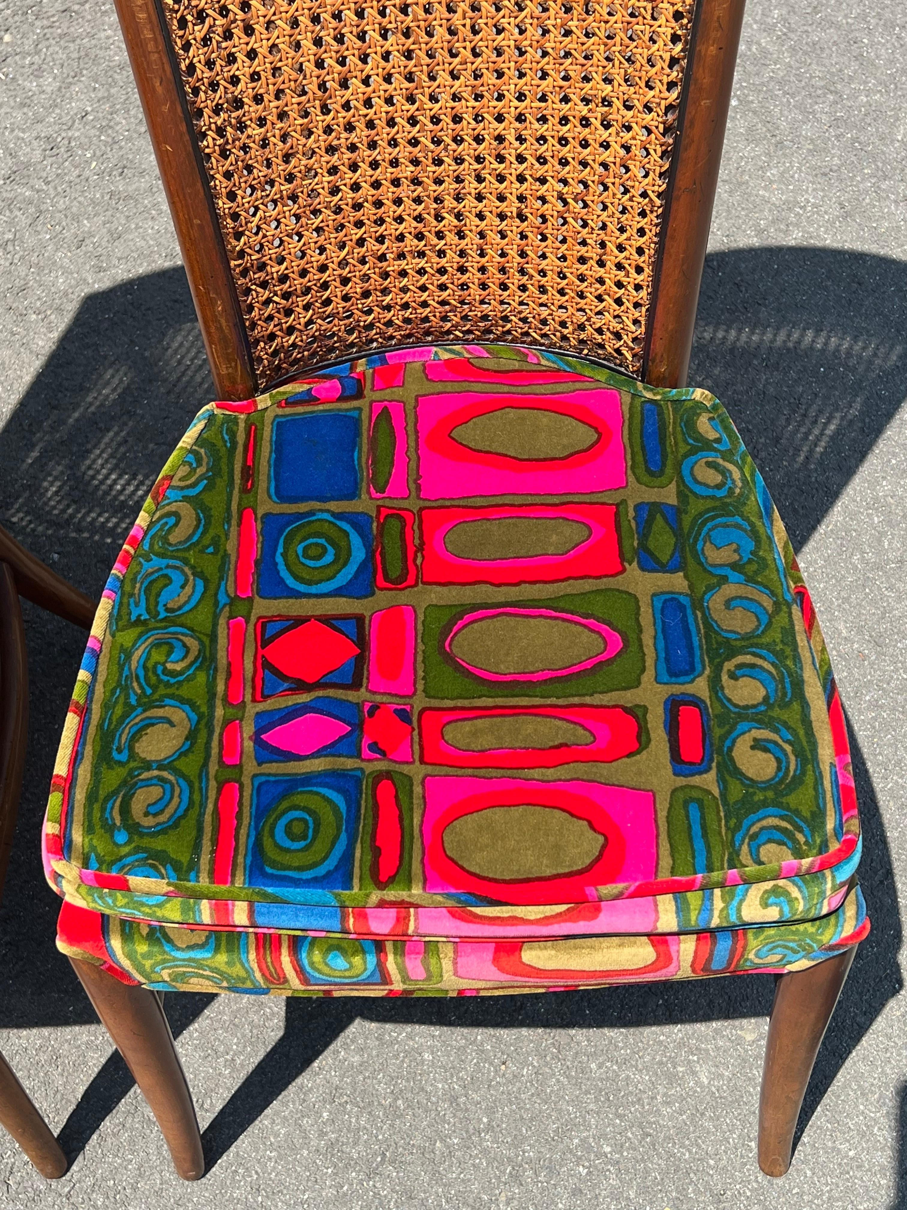 Pair of Caned Chairs with Jack Lenor Larson Velvet Upholstery For Sale 13