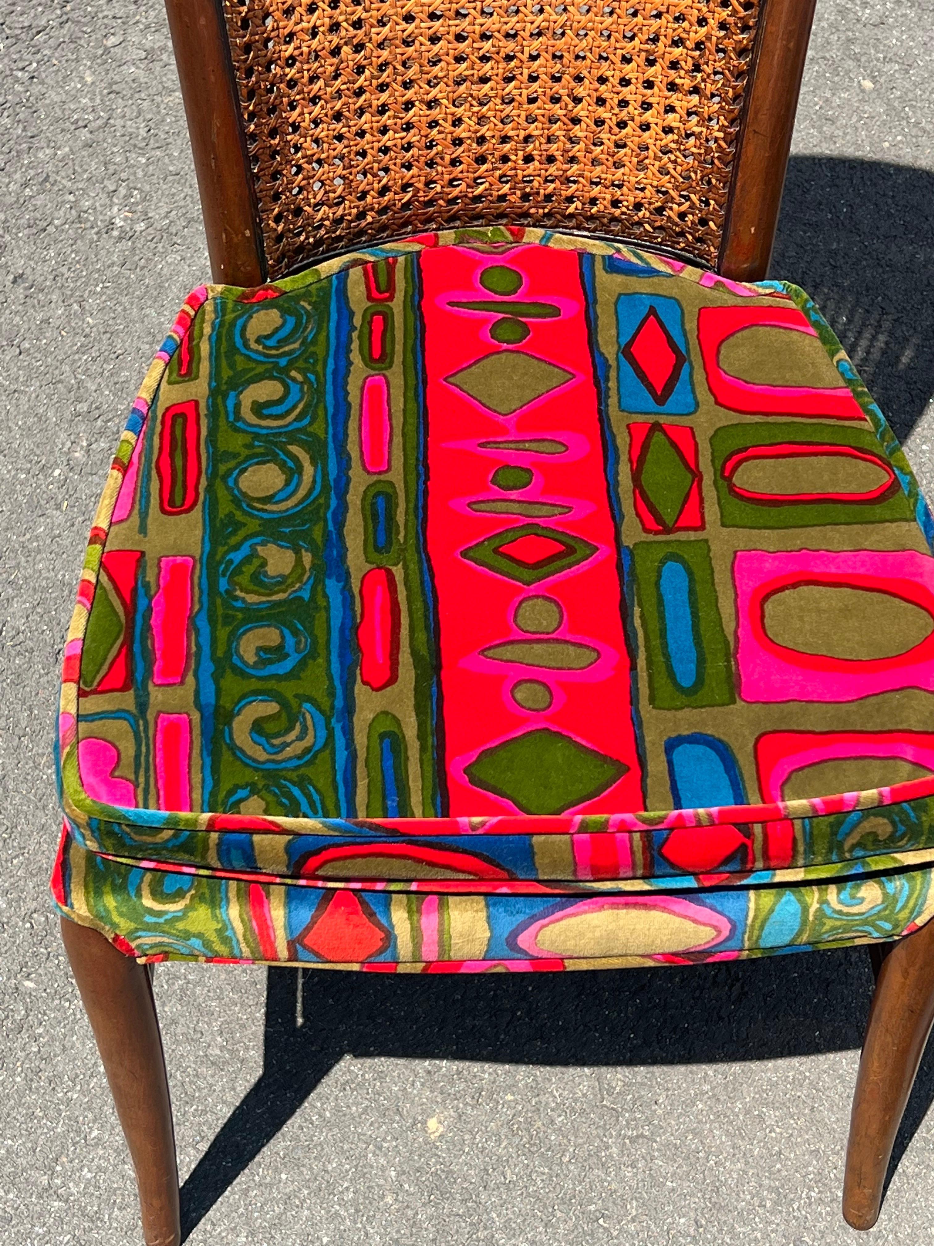Pair of Caned Chairs with Jack Lenor Larson Velvet Upholstery For Sale 14