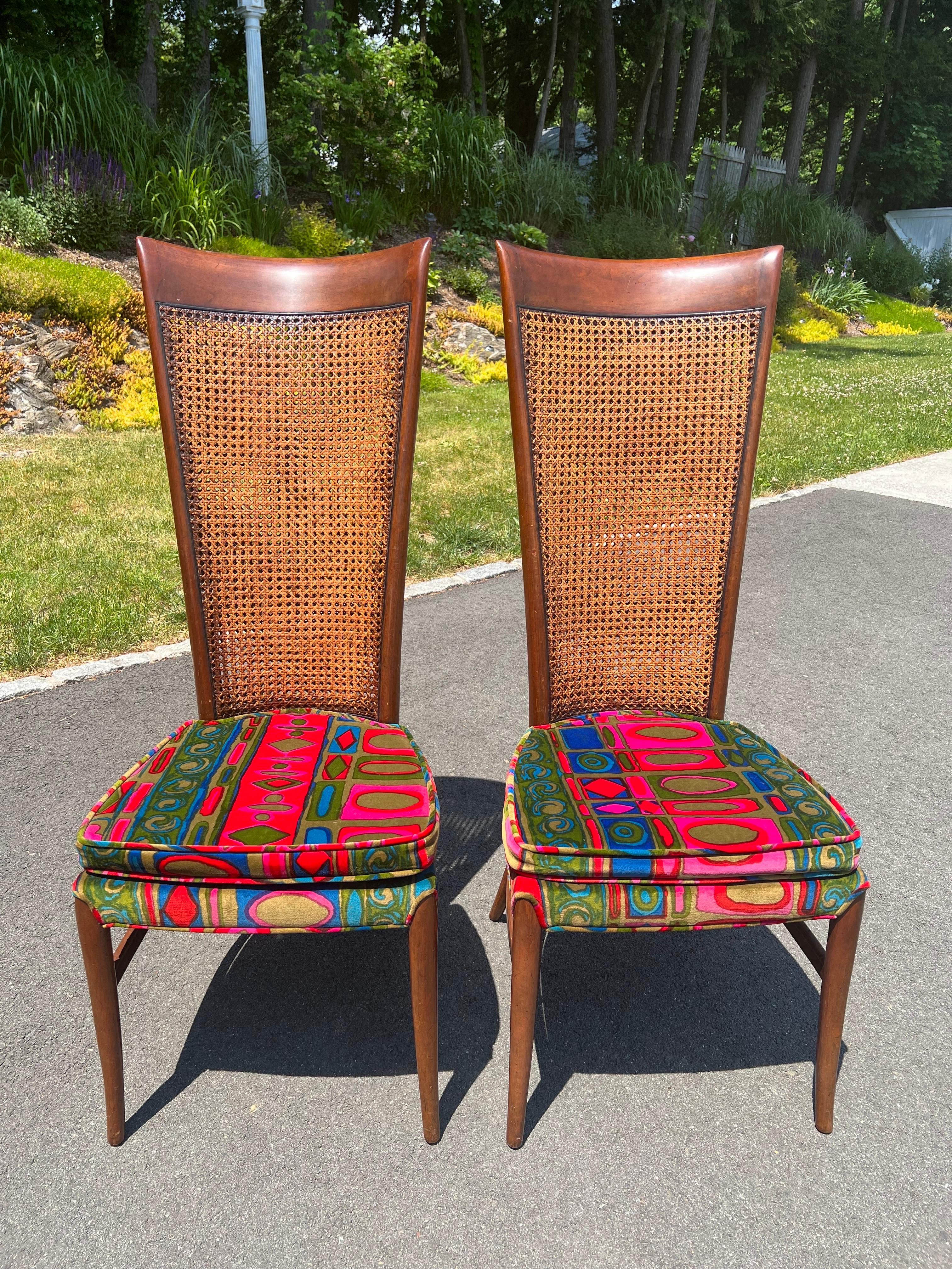 Mid-Century Modern Pair of Caned Chairs with Jack Lenor Larson Velvet Upholstery For Sale