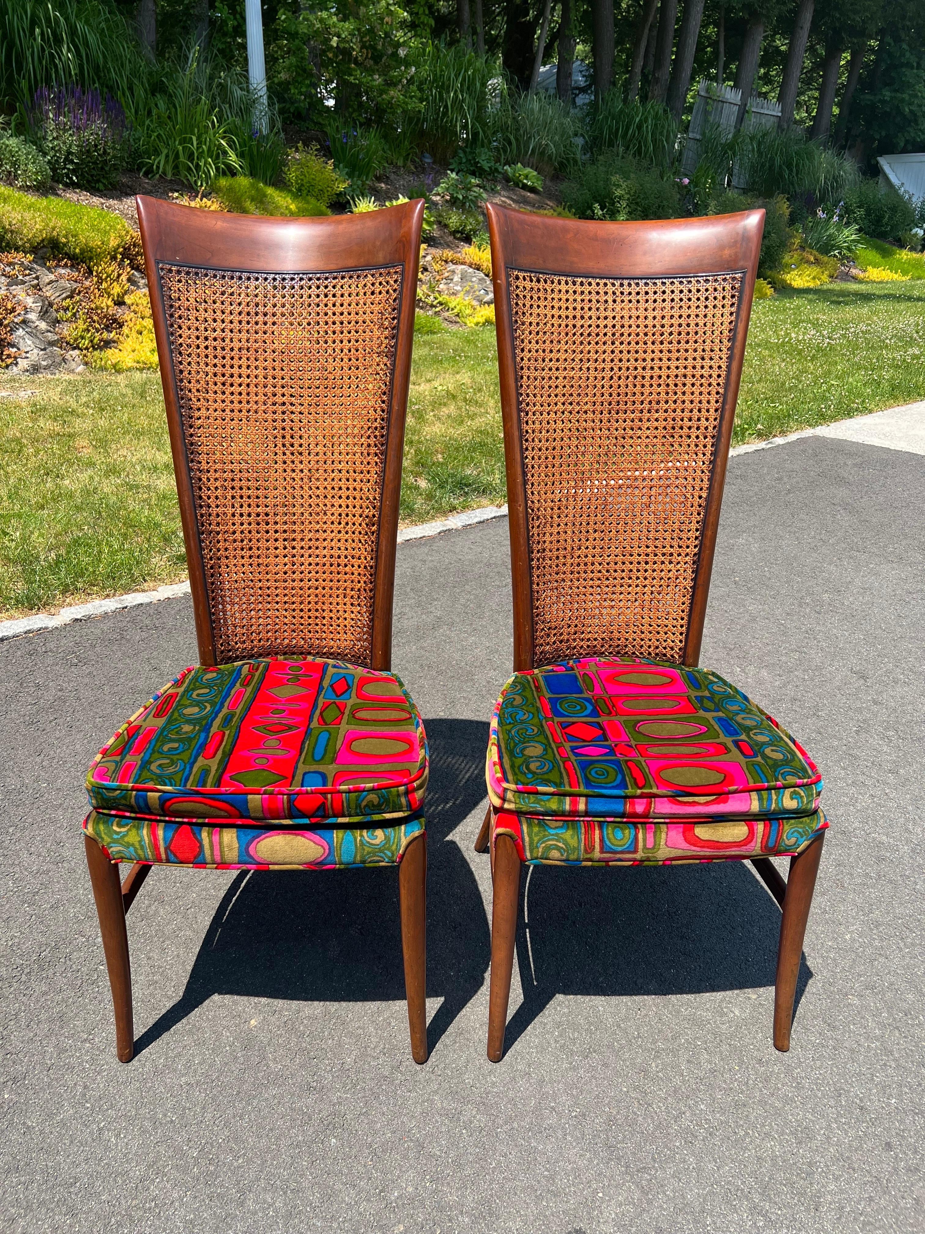 Pair of Caned Chairs with Jack Lenor Larson Velvet Upholstery In Good Condition For Sale In Redding, CT