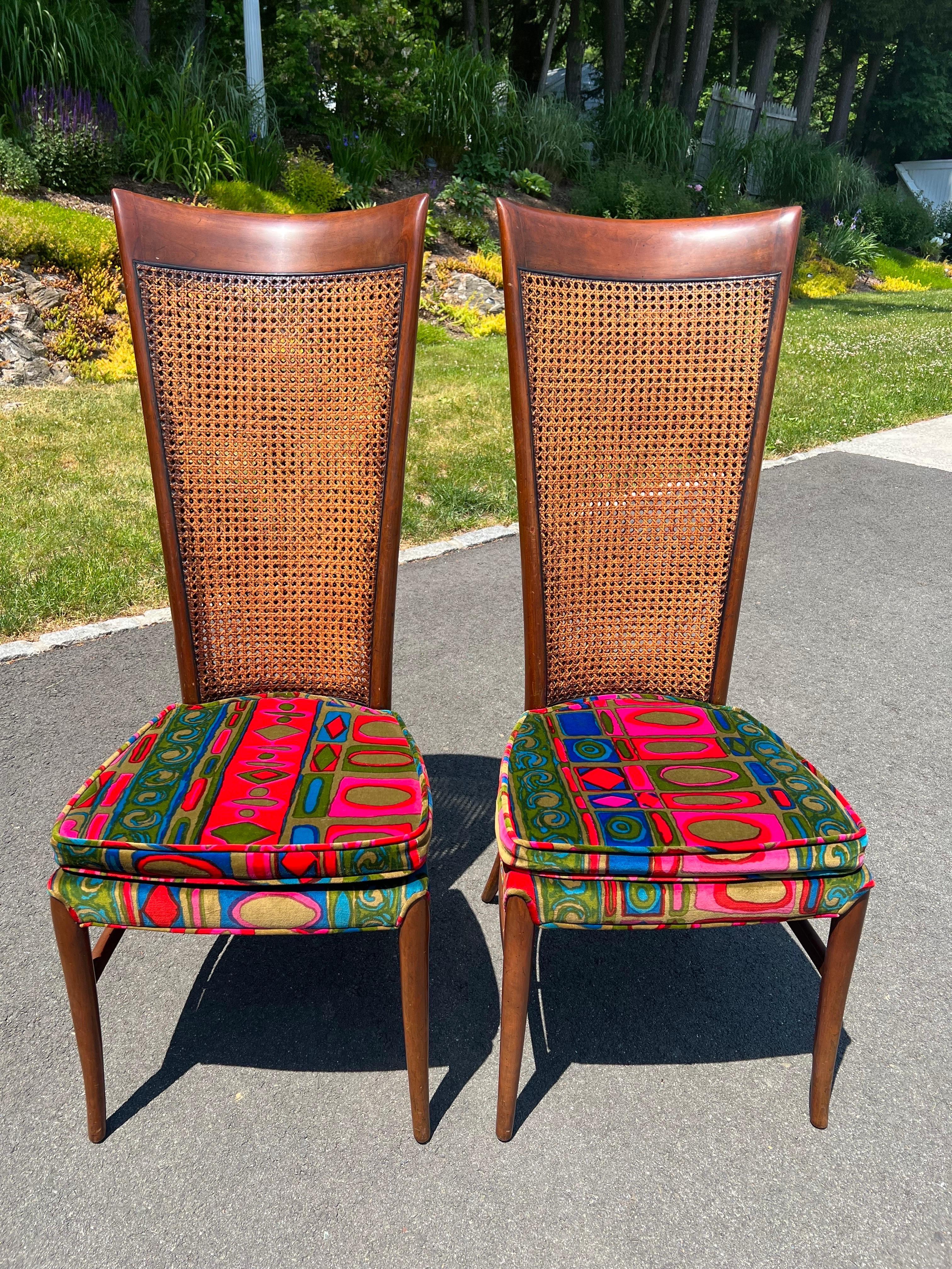 Mid-20th Century Pair of Caned Chairs with Jack Lenor Larson Velvet Upholstery For Sale