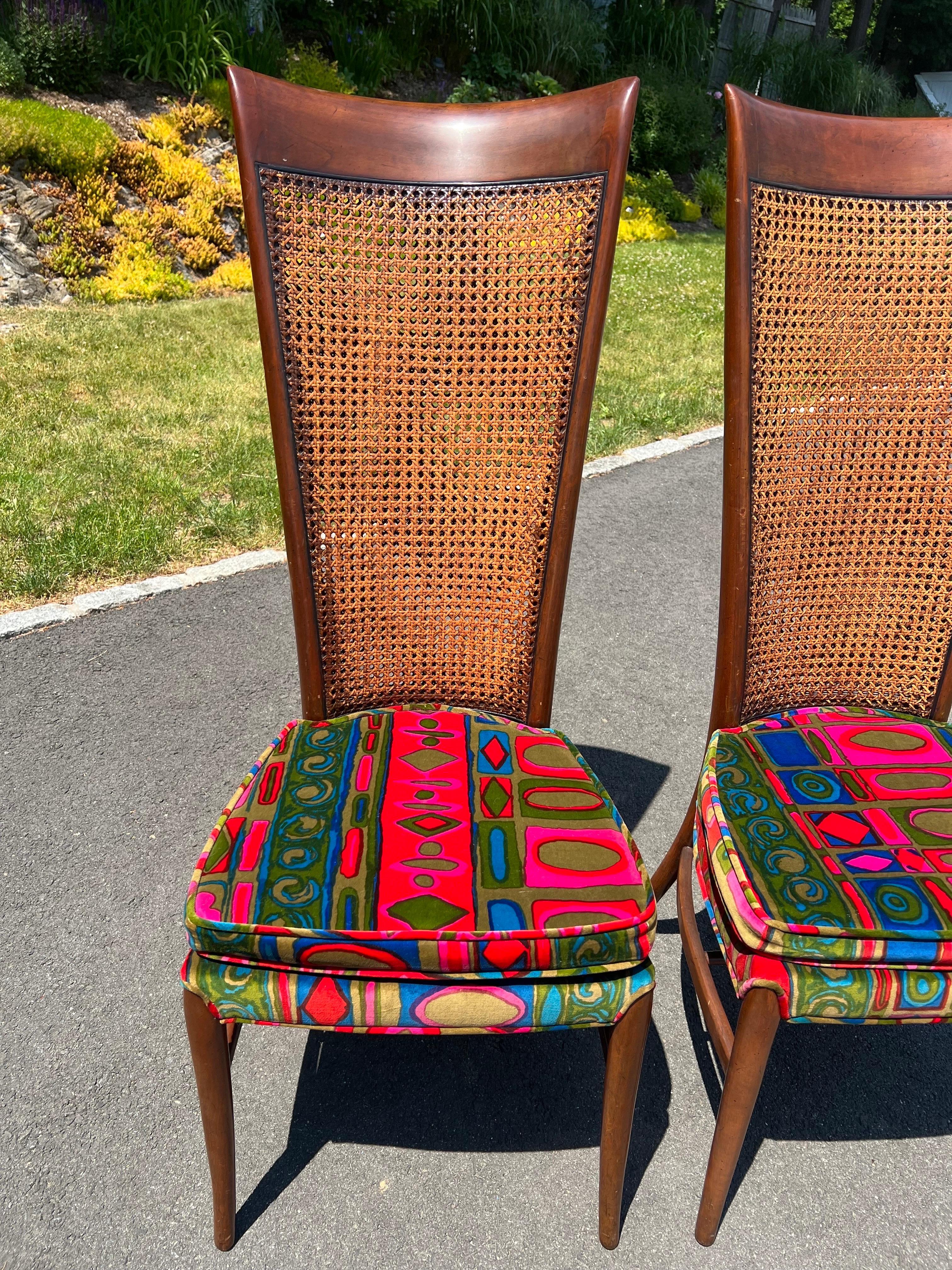 Pair of Caned Chairs with Jack Lenor Larson Velvet Upholstery For Sale 1