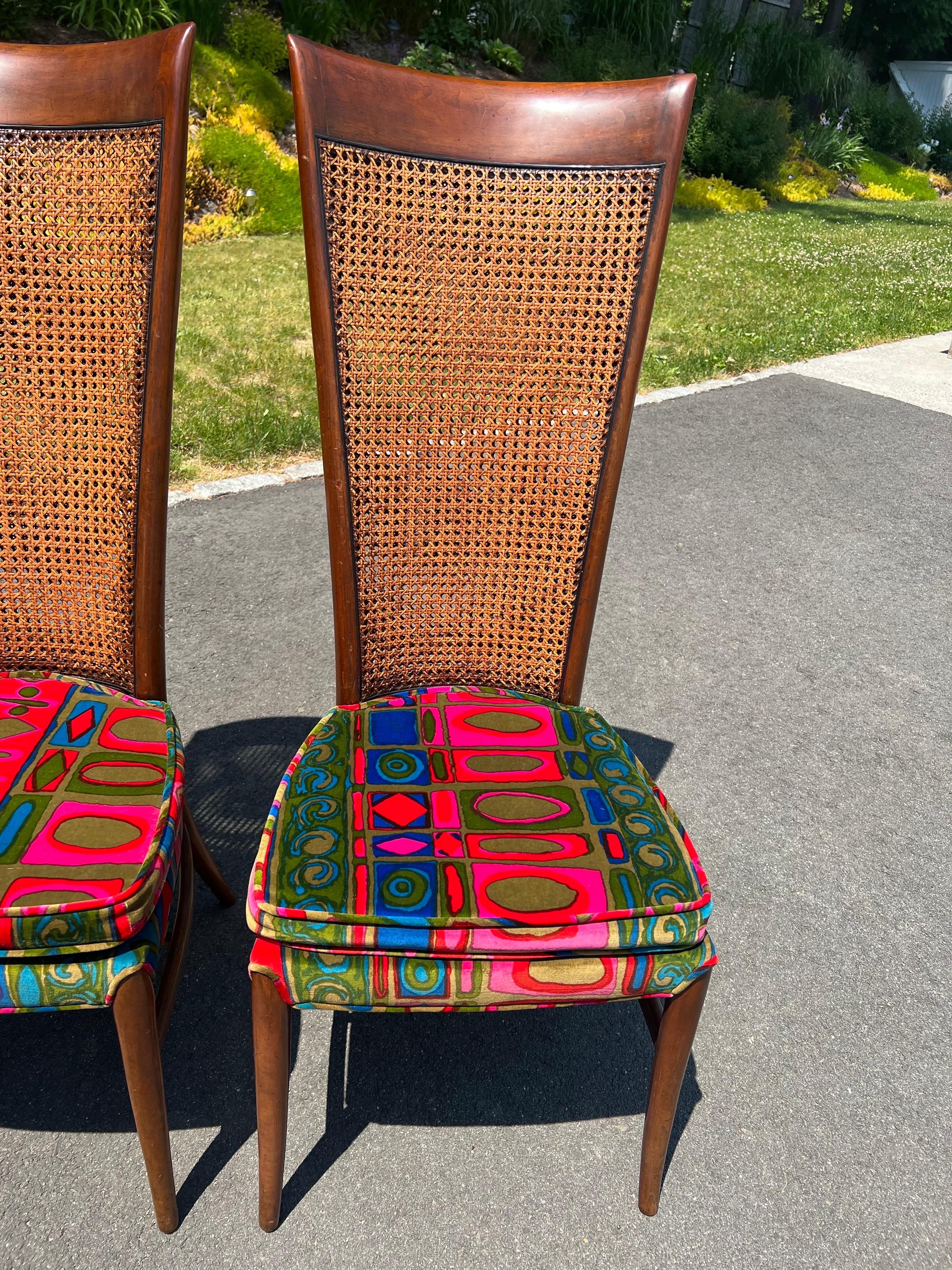 Pair of Caned Chairs with Jack Lenor Larson Velvet Upholstery For Sale 2