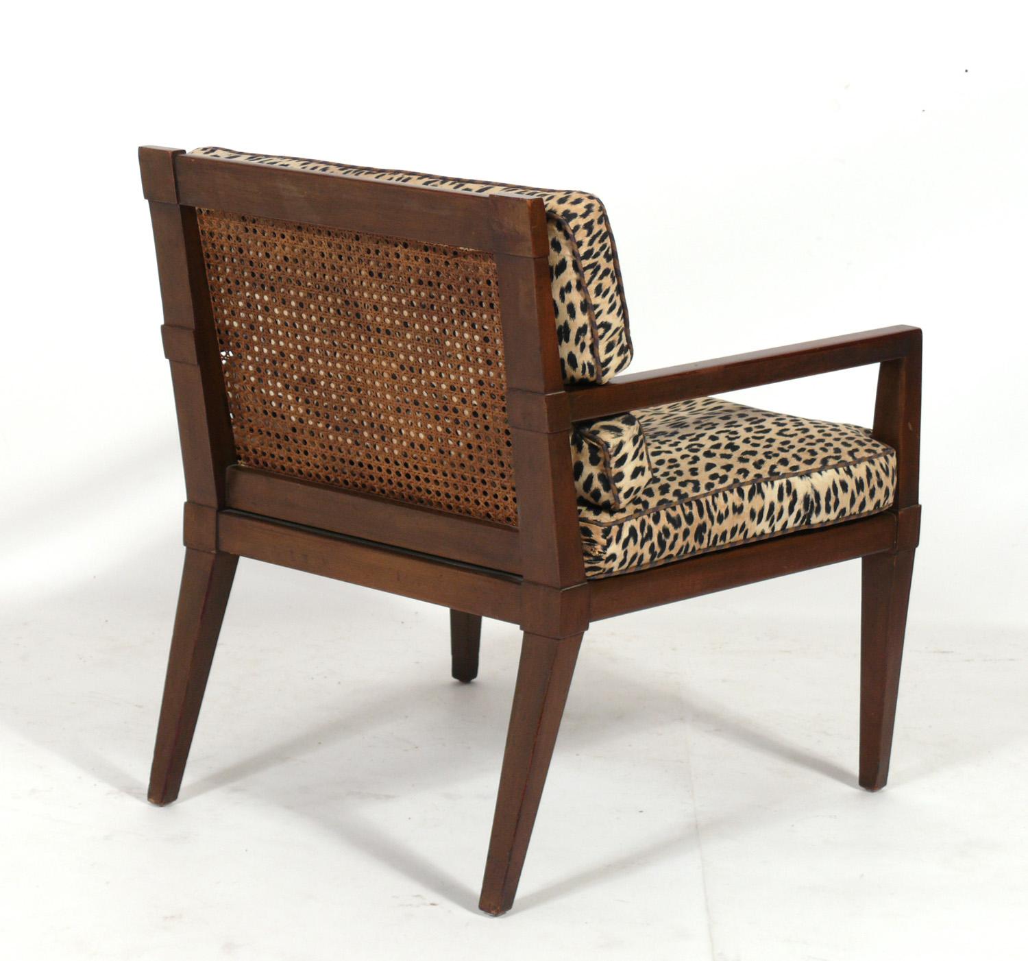 American Pair of Caned Lounge Chairs Refinished and Reupholstered