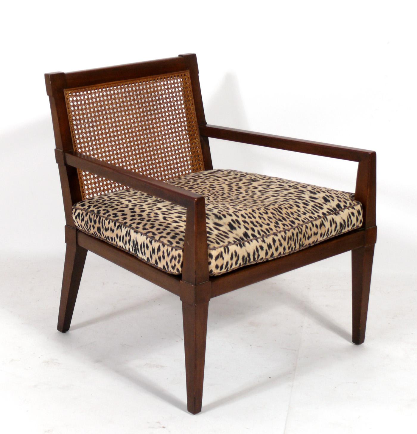 Pair of Caned Lounge Chairs Refinished and Reupholstered In Good Condition In Atlanta, GA