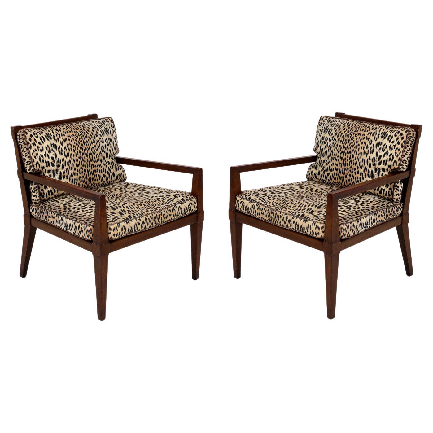 Pair of Caned Lounge Chairs Refinished and Reupholstered For Sale