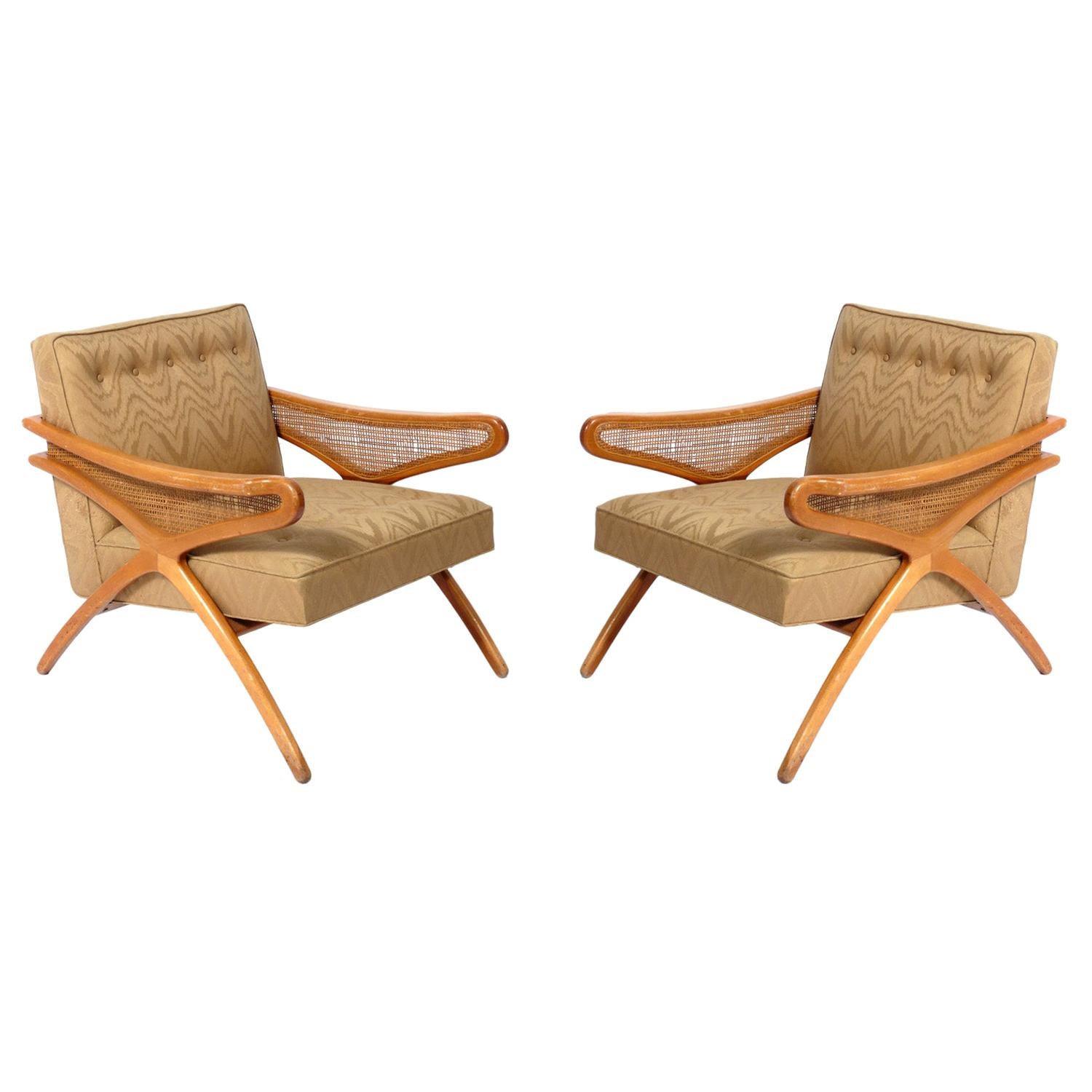 Pair of Caned Mid Century Lounge Chairs