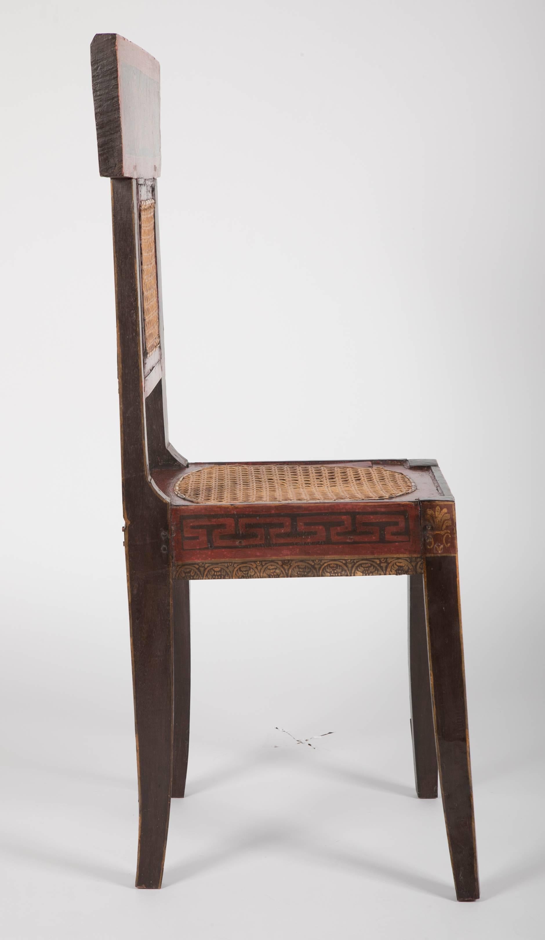 Dutch Pair of Caned Painted Side Chairs with Painted Greek Key Freeze