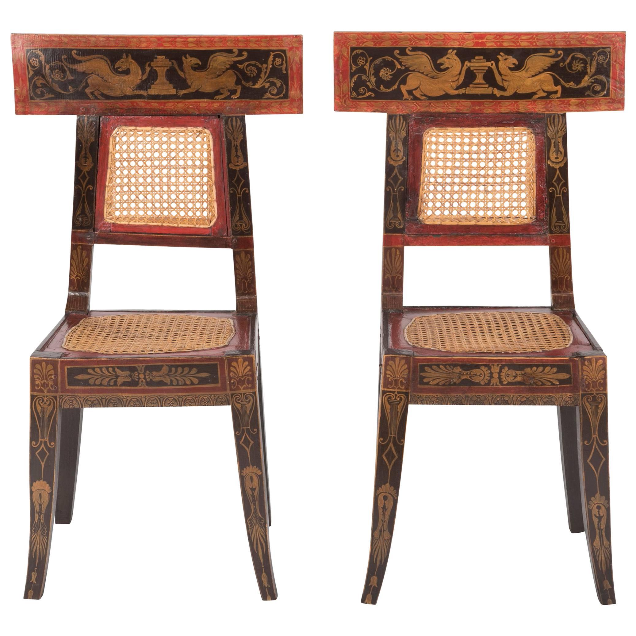 Pair of Caned Painted Side Chairs with Painted Greek Key Freeze