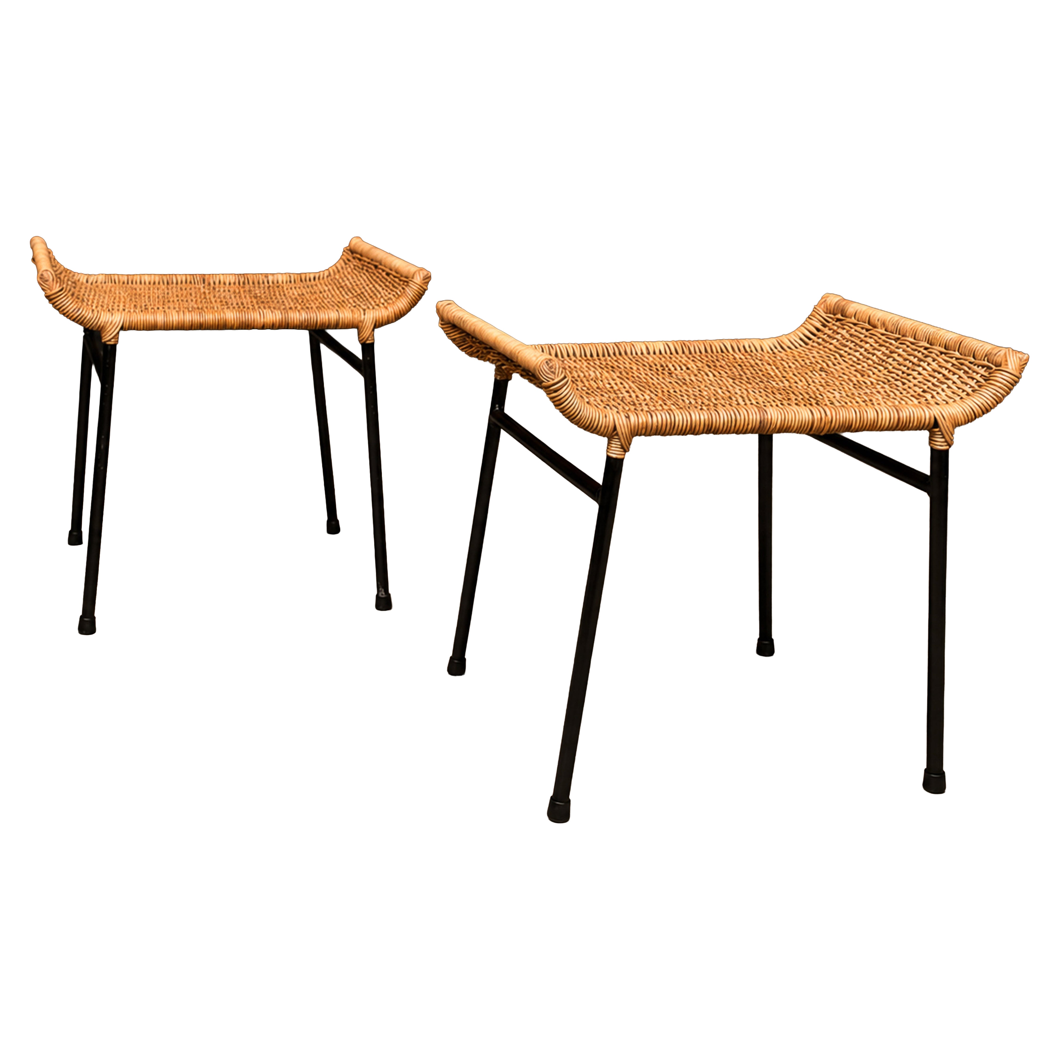 Pair of Caned Stools with Iron Frame, Carlo Hauner, Brazilian Modern, 1950s