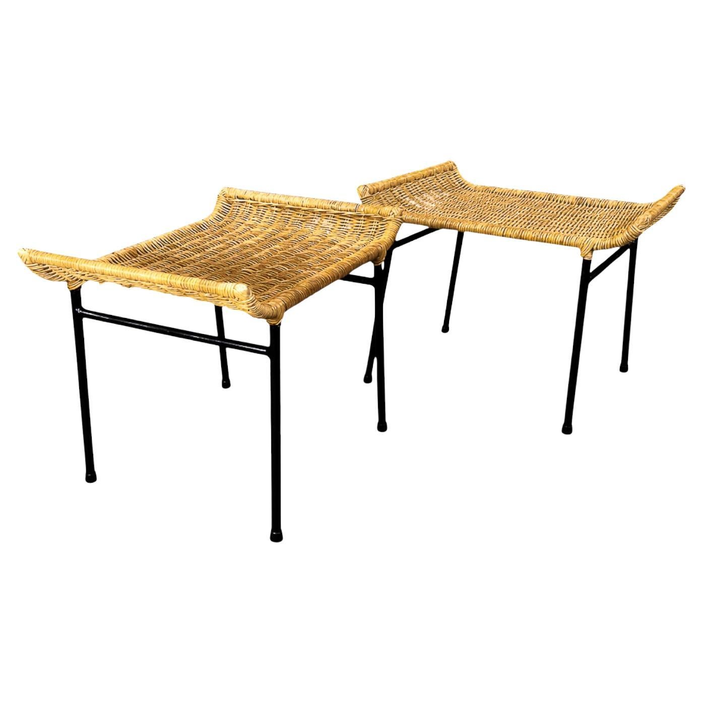 Pair of Caned Stools with Iron Frame, Carlo Hauner, Brazilian Modern, 1950s